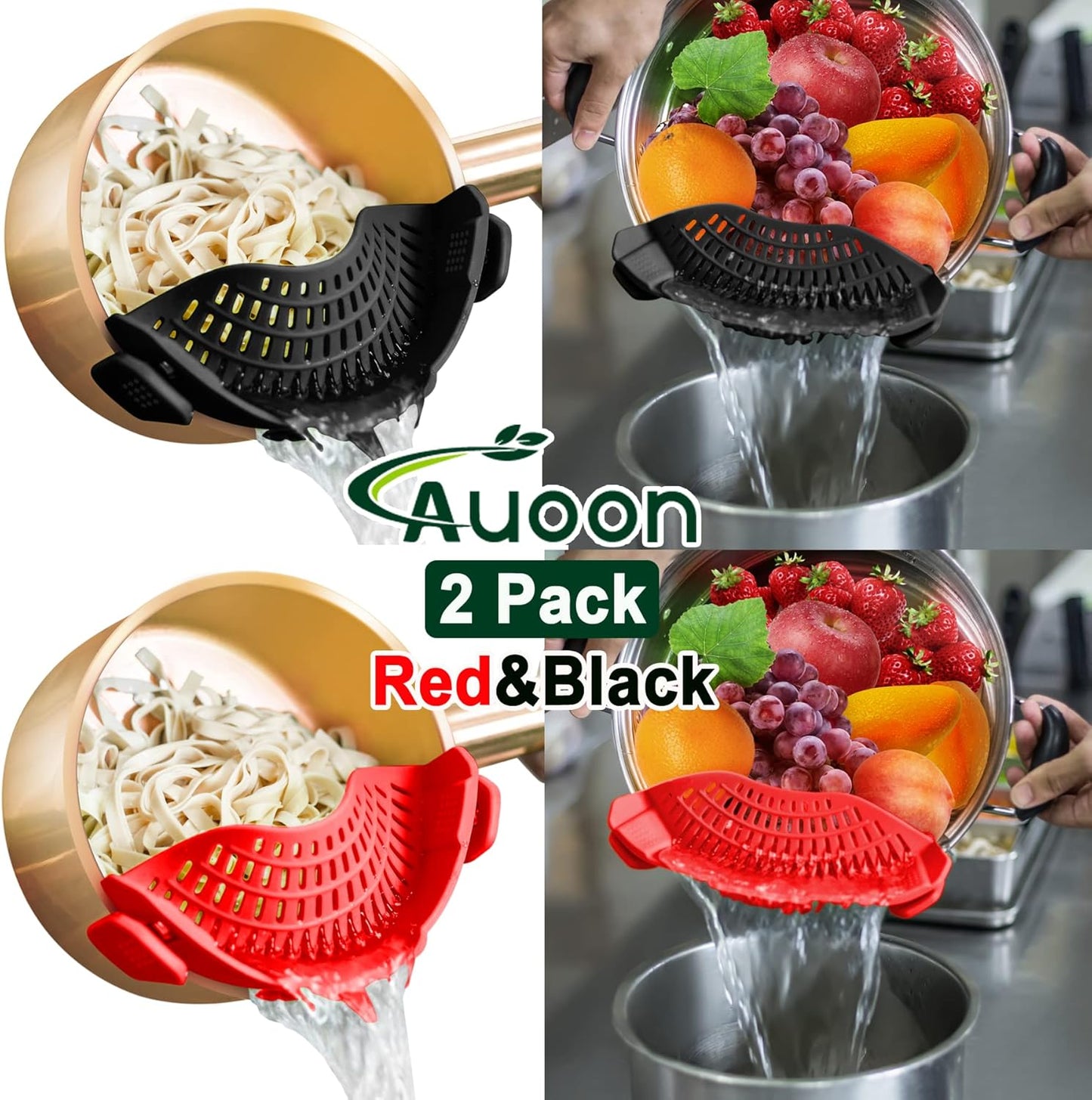 2PACK Clip on Strainer for All Pots Pans - Silicone Kitchen Colander Food Strainer for Pasta Meat Vegetable Fruits | Easy to Use and Store, Dishwasher Safe (Blackred)