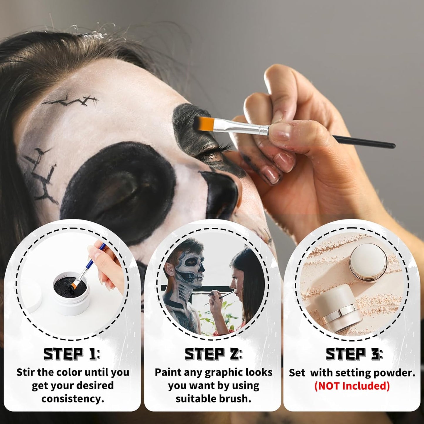 Black + White Face Body Paint Set 3.5Oz/100G, Non-Toxic Professional Facepaint Makeup Kit with 2 Brushes for Kids & Adults Art Theater Halloween Party Cosplay Clown Corpse Goth SFX Makeup