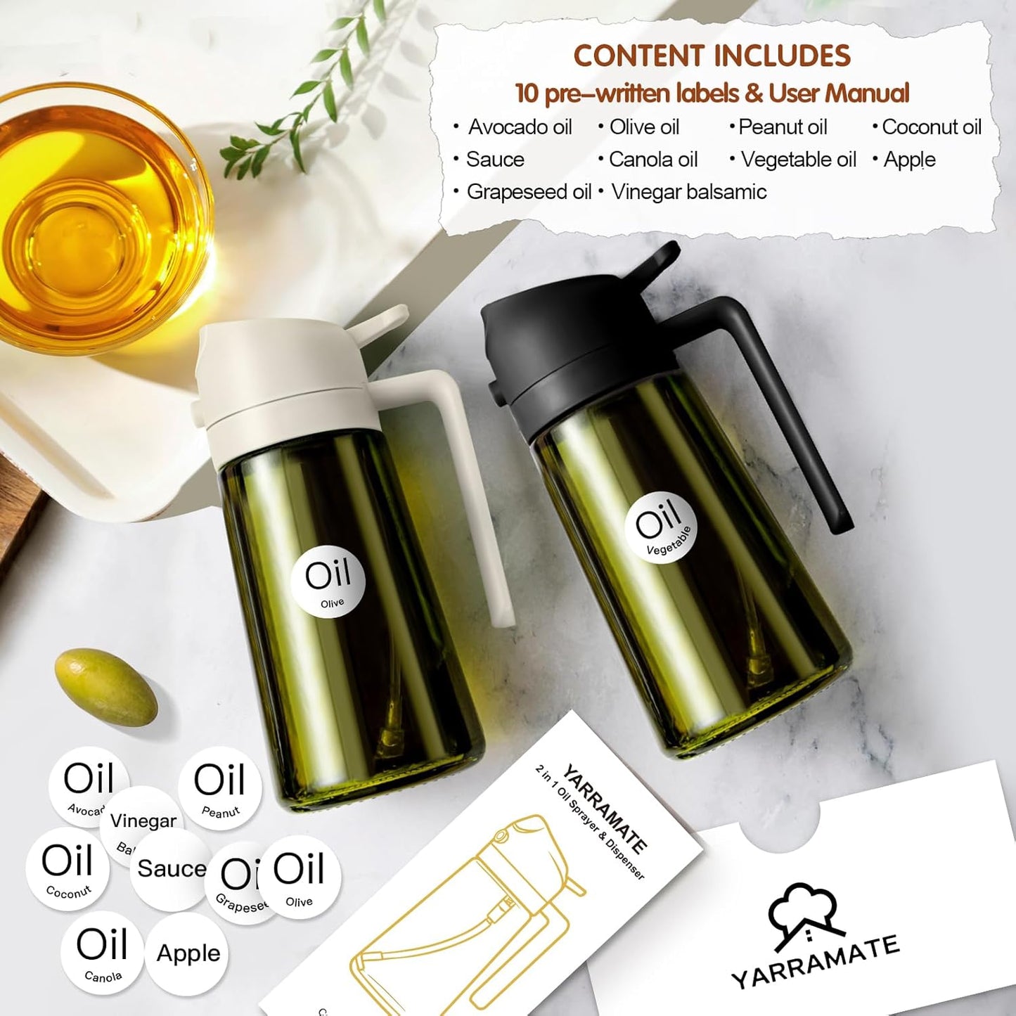 16Oz/470Ml Light-Blocking Dark Oil Sprayer for Cooking, 2 in 1 Olive Oil Dispenser Bottle for Kitchen, Premium Dark Green Glass Oil Bottle, Food-Grade Oil Mister for Air Fryer, BBQ (Black)