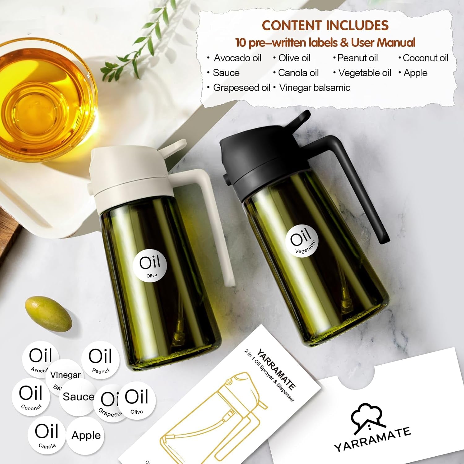 16Oz/470Ml Light-Blocking Dark Oil Sprayer for Cooking, 2 in 1 Olive Oil Dispenser Bottle for Kitchen, Premium Dark Green Glass Oil Bottle, Food-Grade Oil Mister for Air Fryer, BBQ (Black)