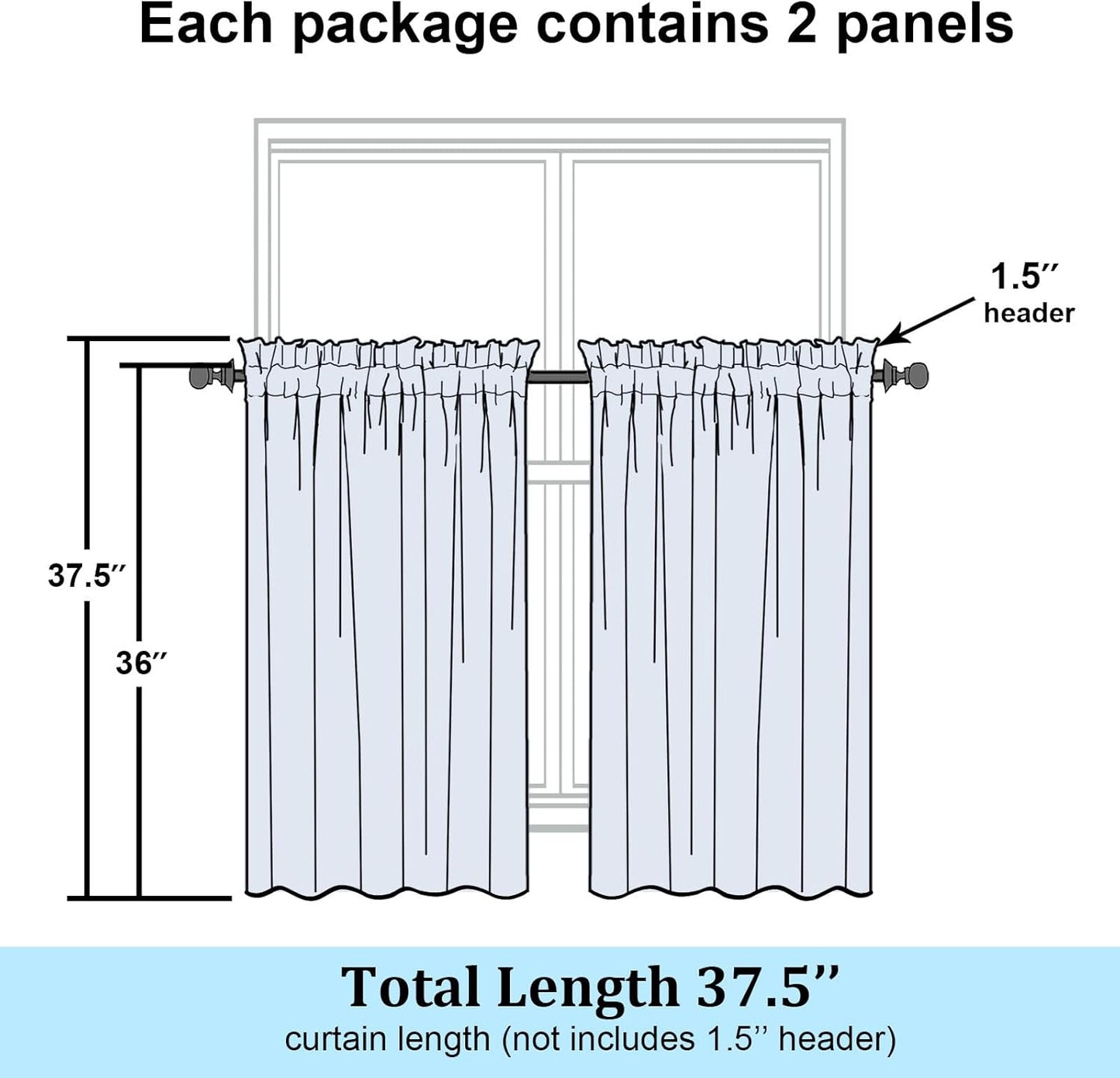 Sheer Black Curtains Kitchen 36 Inch Length 2 Panels Set for Window, Soft Airy Geometric Jacquard Semi Sheer Curtains for Bathroom, Modern Rod Pocket Window Curtains, 42Wx36L Inches