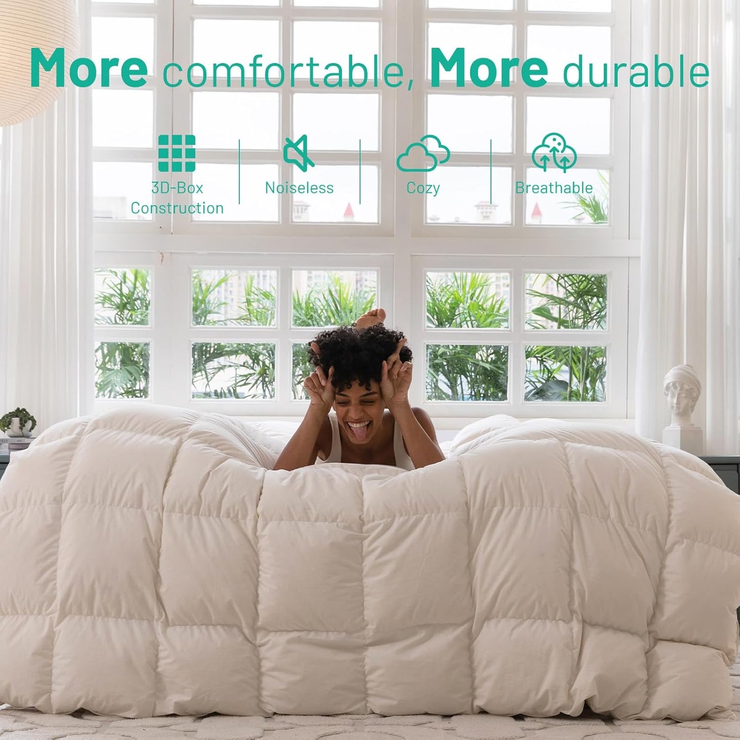 Twin Size Down Feather Comforter - 750 Fill Power All-Season Duvet Insert, Ultra-Soft Hotel Collection, Baffle-Box Design, Noiseless, Medium Warmth