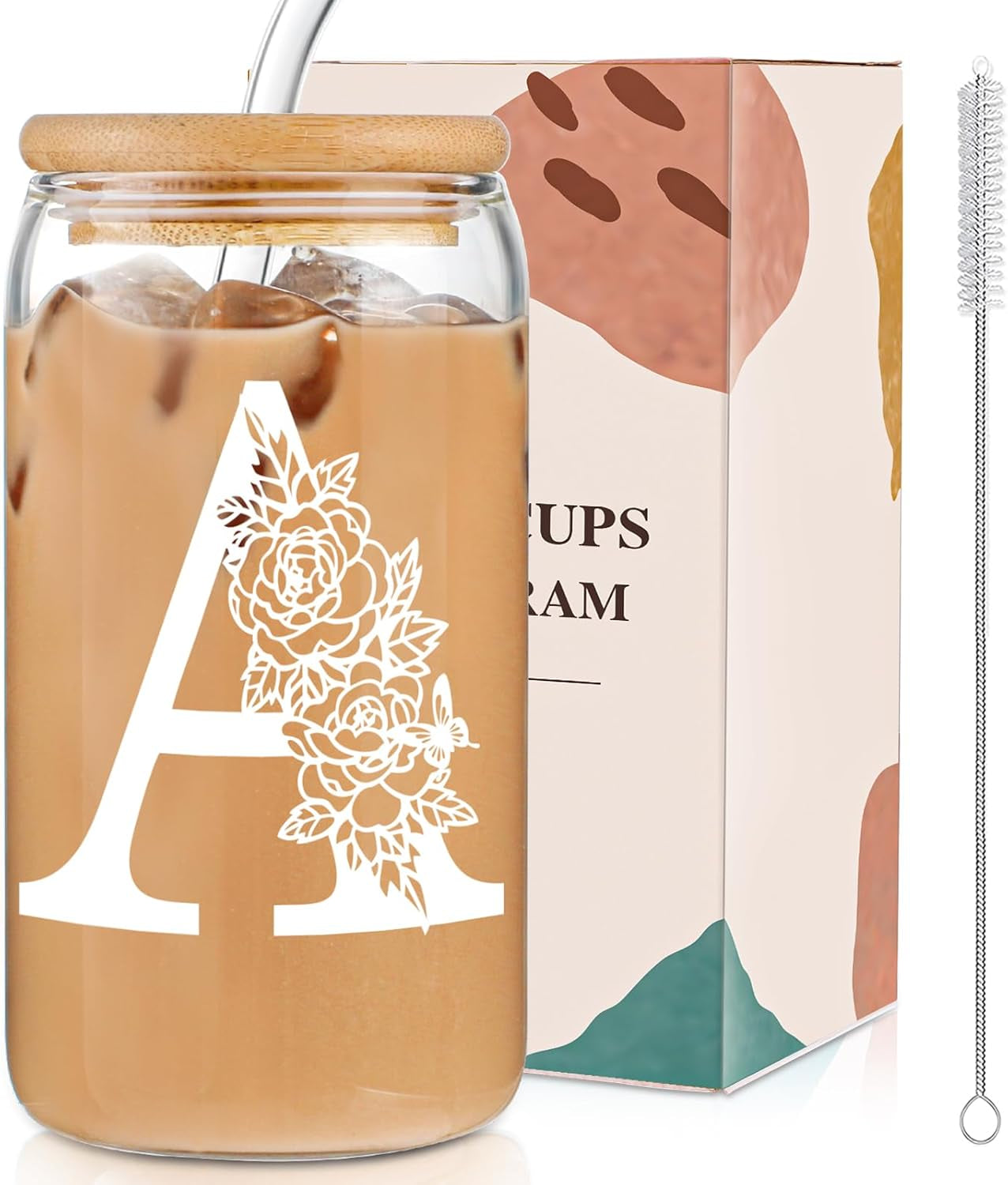 Gifts for Holidays,Birthday Gifts for Women,Personalized Initial Glass Cup as Iced Coffee Cups,Aesthetic Smoothie Cup Cute Beer Tumbler,16 Oz Glass Cups with Lids and Straws-A(1Psc)