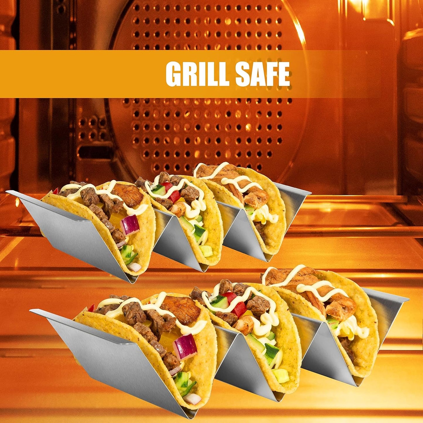Taco Holders Set of 5, Taco Stand, Stainless Steel Taco Holder, with Easy-Access Handle, Each Can Hold 2 to 3 Tortillas, Oven Safe for Baking, Dishwasher and Microwave Safety