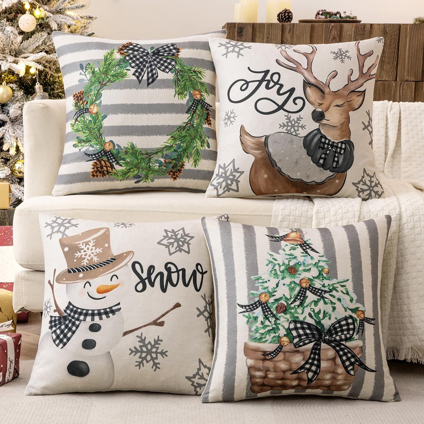 Set of 4 Holiday Grey Decorative Pillow Covers 18X18 Inch Snowman Elk Merry Christmas Throw Pillow Cases Winter Seasonal Cushion Cases Home Decors for Sofa Couch Bedroom