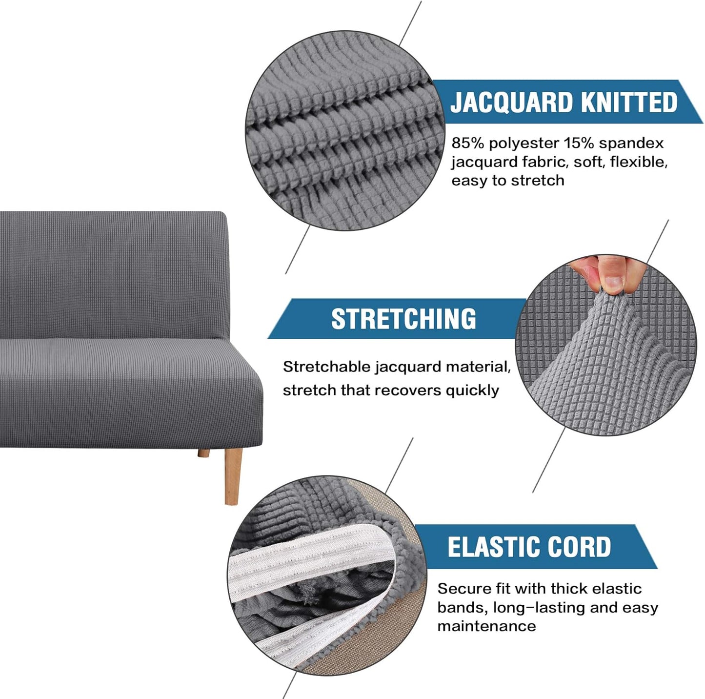 Armless Futon Cover Stretch Sofa Bed Slipcover Protector Elastic Feature Rich Textured High Spandex Small Checks Jacquard Fabric Futon Cover, Machine Washable, Gray