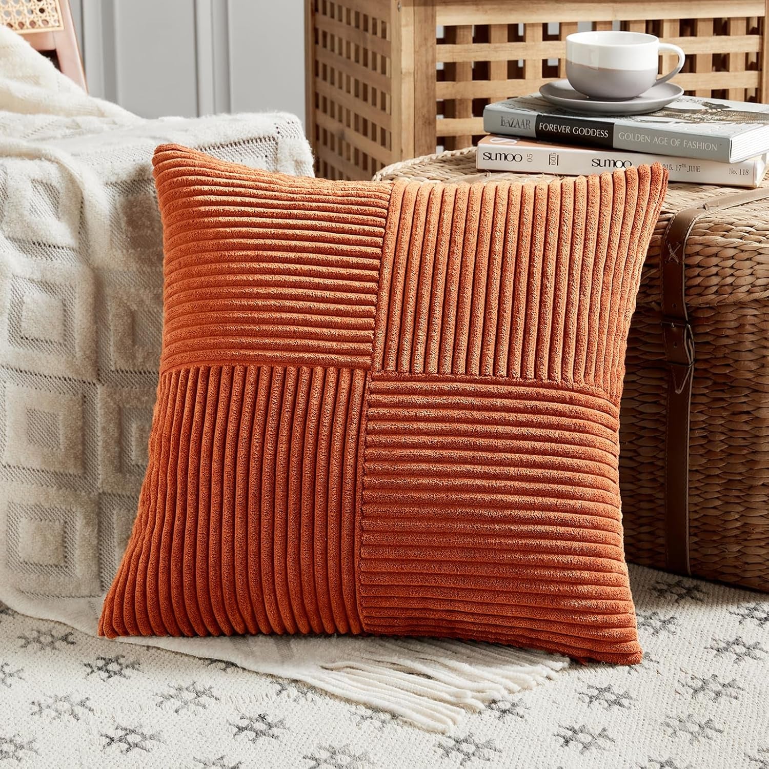 Set of 4 Burnt Orange Decorative Throw Pillow Covers 18X18 Inch for Living Room Couch Bed, Boho Farmhouse Fall Home Decor, Soft Textured Corduroy Cross Patchwork Cushion Case 45X45 Cm