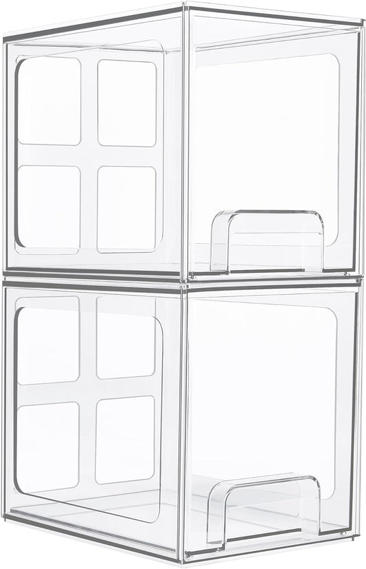 2 Pack Stackable Storage Drawers, 6.6''Tall Acrylic Bathroom Makeup Organizers,Clear Plastic Storage Bins for Vanity, Undersink, Kitchen Cabinet,Pantry Organization and Storage
