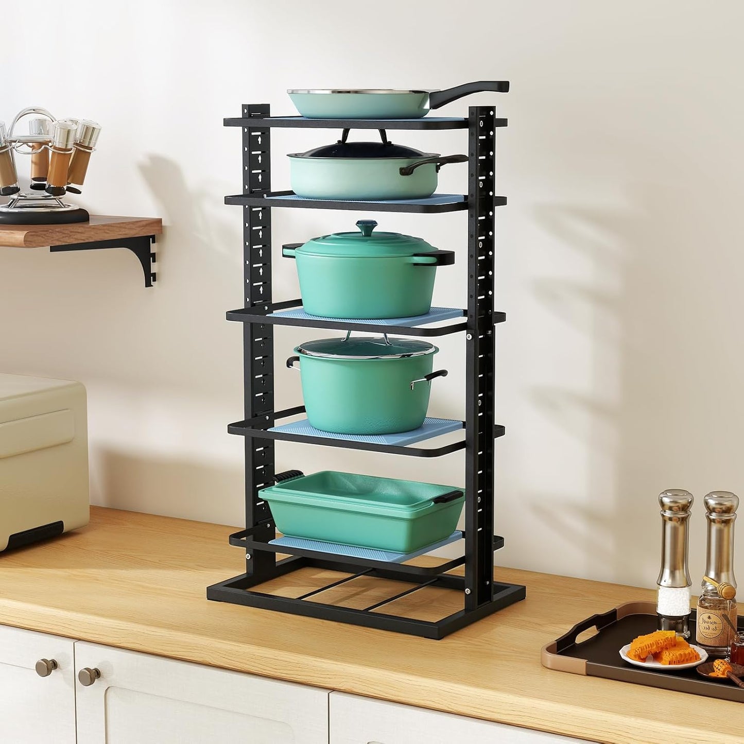 Pots and Pans Organizer for under Cabinet, 6-Tier Heavy Duty Adjustable Pan Pot Organizers inside Cabinet, Pot Rack for Kitchen Cabinet Organizers and Storage Black Holds 66 Lbs