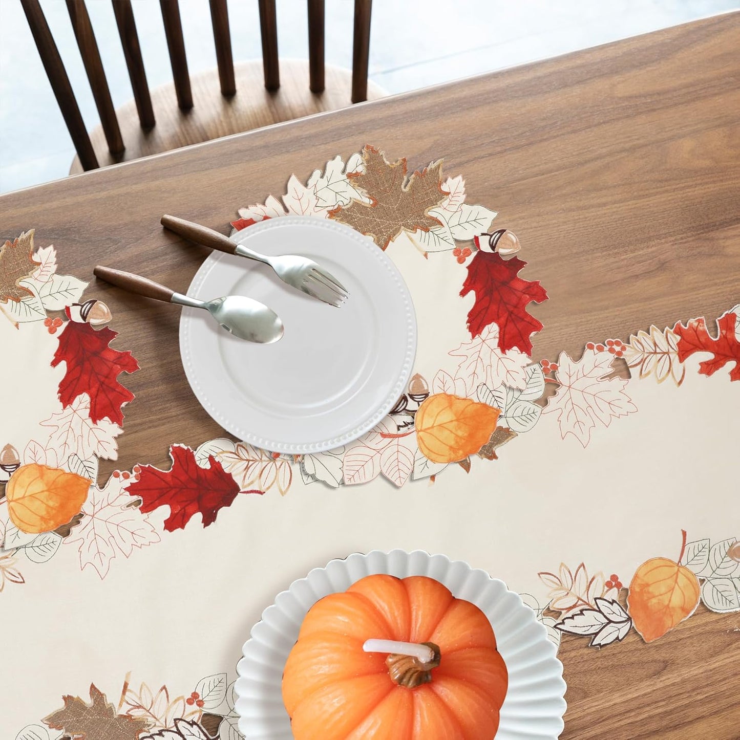 Linen Textured Fall Halloween Table Runner 70 Inches Long, Cutwork Applique Embroidered Dresser Scarf for Home Dining Holiday Autumn Halloween Thanksgiving Decor, 13 X 70 Inch