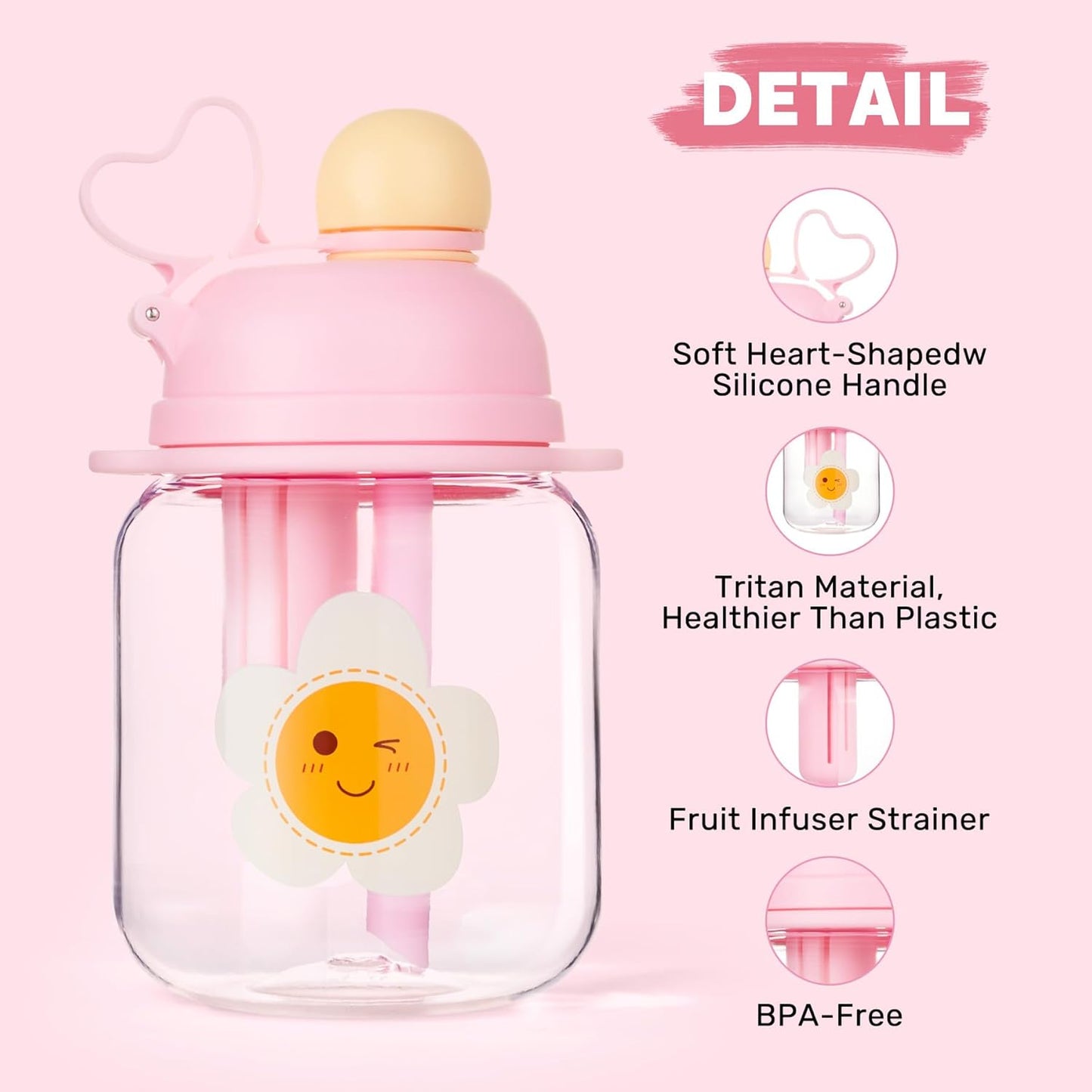 27Oz Pink Tritan Toddler Water Bottle with Straw, BPA Free, Leak-Proof, Includes Fruit Infuser Strainer, Perfect for School and Sports
