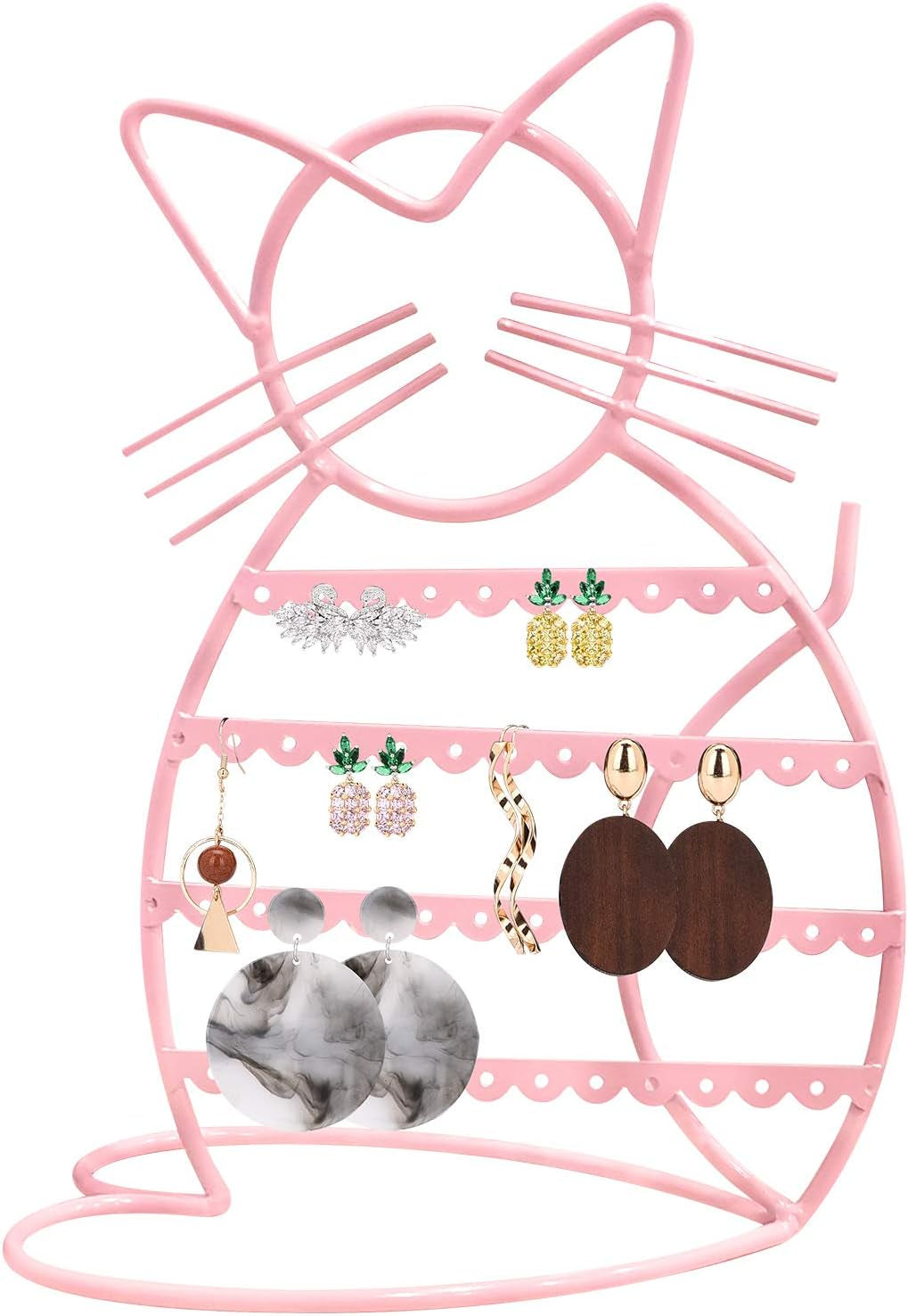 Jewelry Organizer Stand Cat Shaped Earring Holder Organizer Metal 48 Stud Earring Holes Jewelry Holder, Metal Jewelry Display Vanity Organizer for Girls - Macron Pink