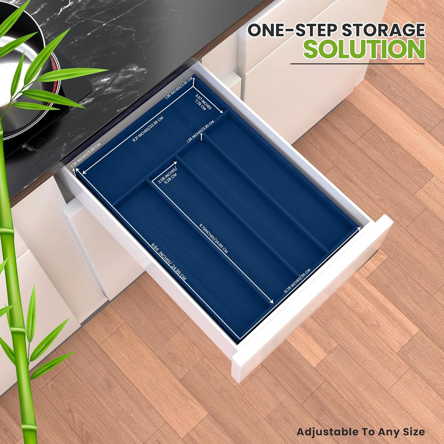 Silverware Organizer, Bamboo Utensil Drawer Organizer for Cutlery, Utensils & Flatware (5 Compartment, Blue) Pack of 1