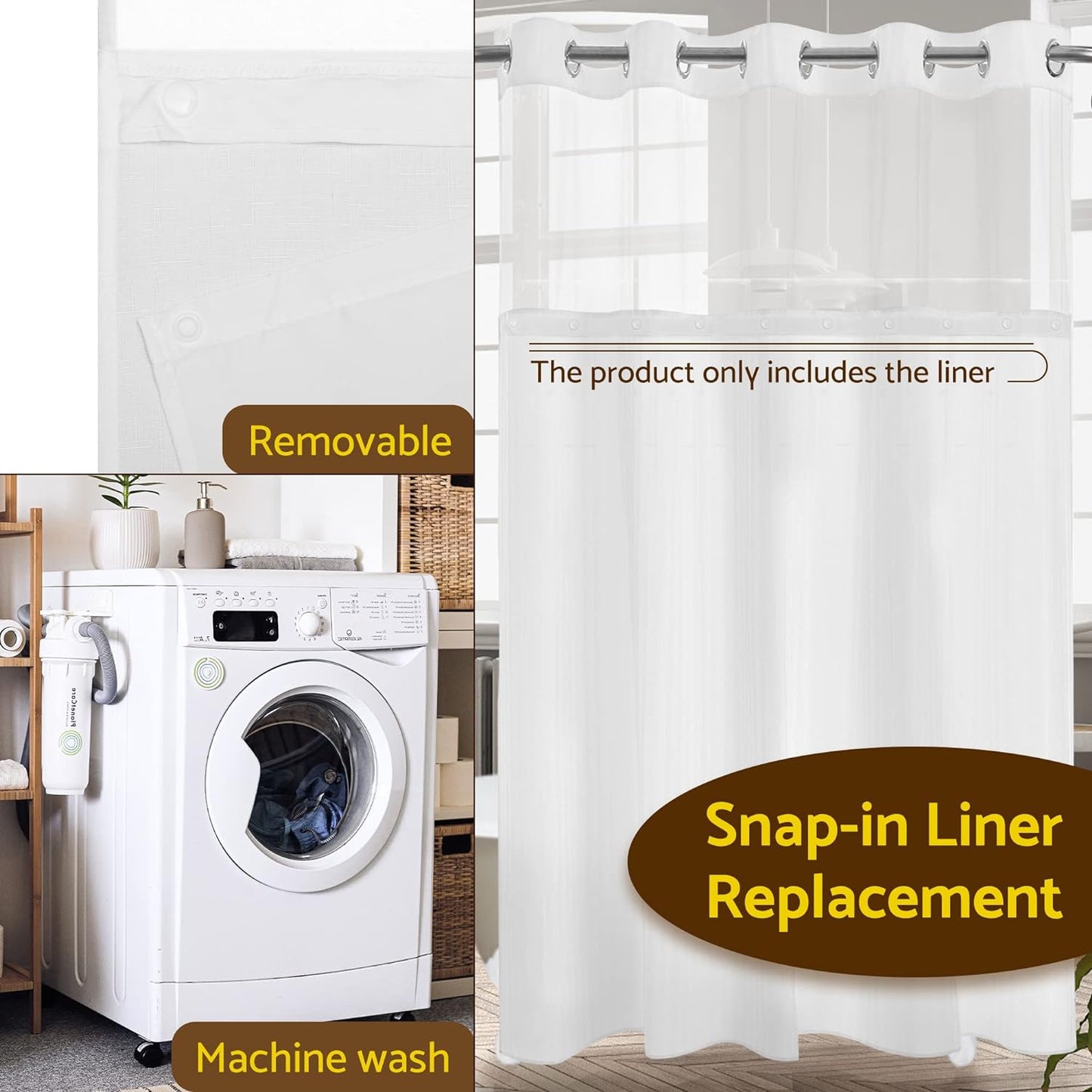 Fabric Snap-In Shower Curtain Liner Replacement, Removable & Washable, Hotel Style, 70X54, White