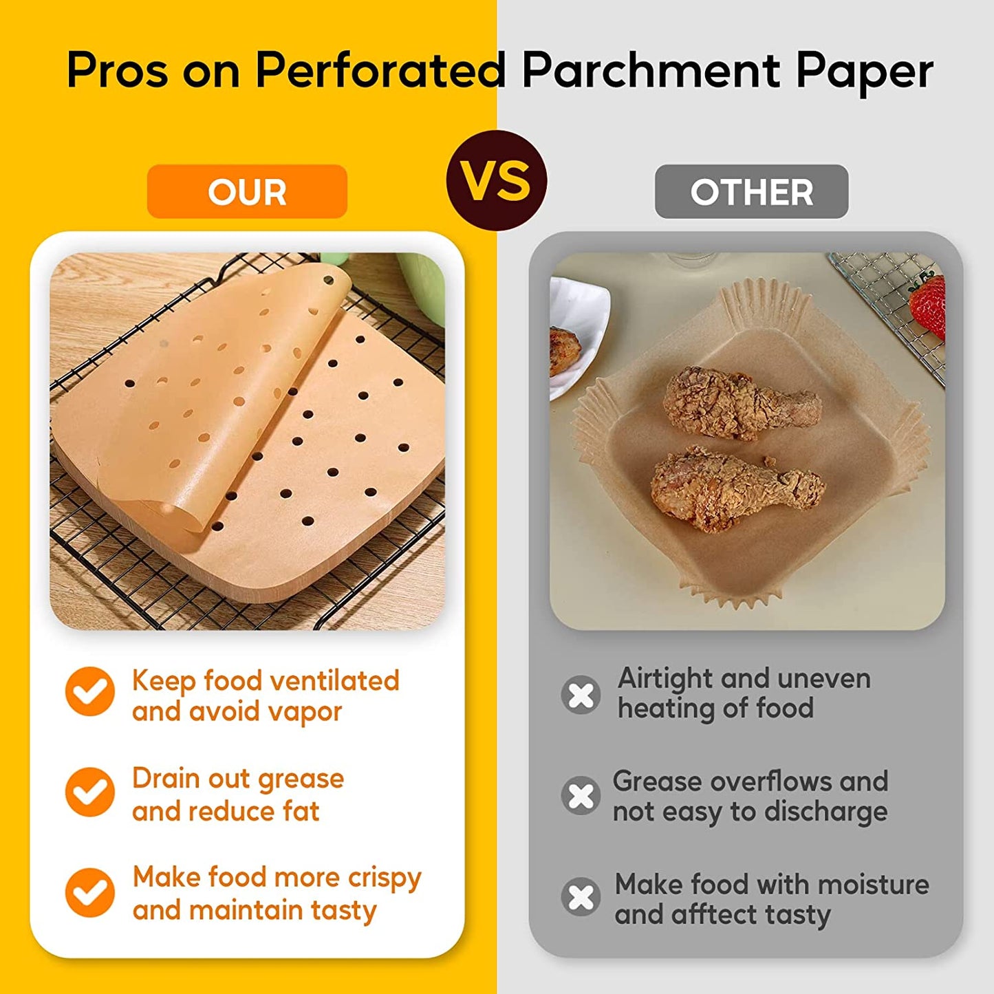 200Pcs 6.5 Inch , Unbleached Square Liners, Heavy Duty Perforated Parchment Paper for Air Fryer, Steaming Basket, Bamboo Steamer, Oven Baking