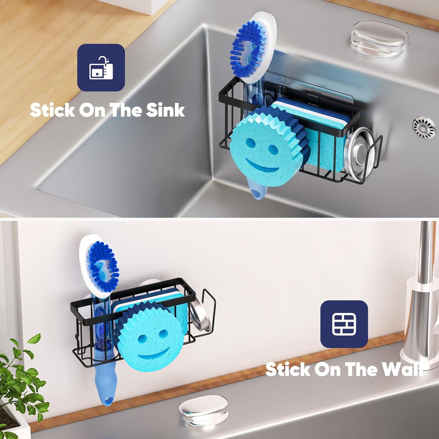 Sponge Holder for Kitchen Sink,Sink Caddy Smiley Face,4-In-1 Sponge Holder with Suction Cups & 1 PCS Adhesive Strips for Holding Soap,Brush,Scrubber,Sponge,Stopper-Black