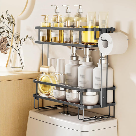 2-Tier Over-The-Toilet Storage Shelf, Bathroom Organizer, Large Capacity, No-Drill Installation, Rust-Resistant Thick Material, Perfect for Bathroom Shelf, Black