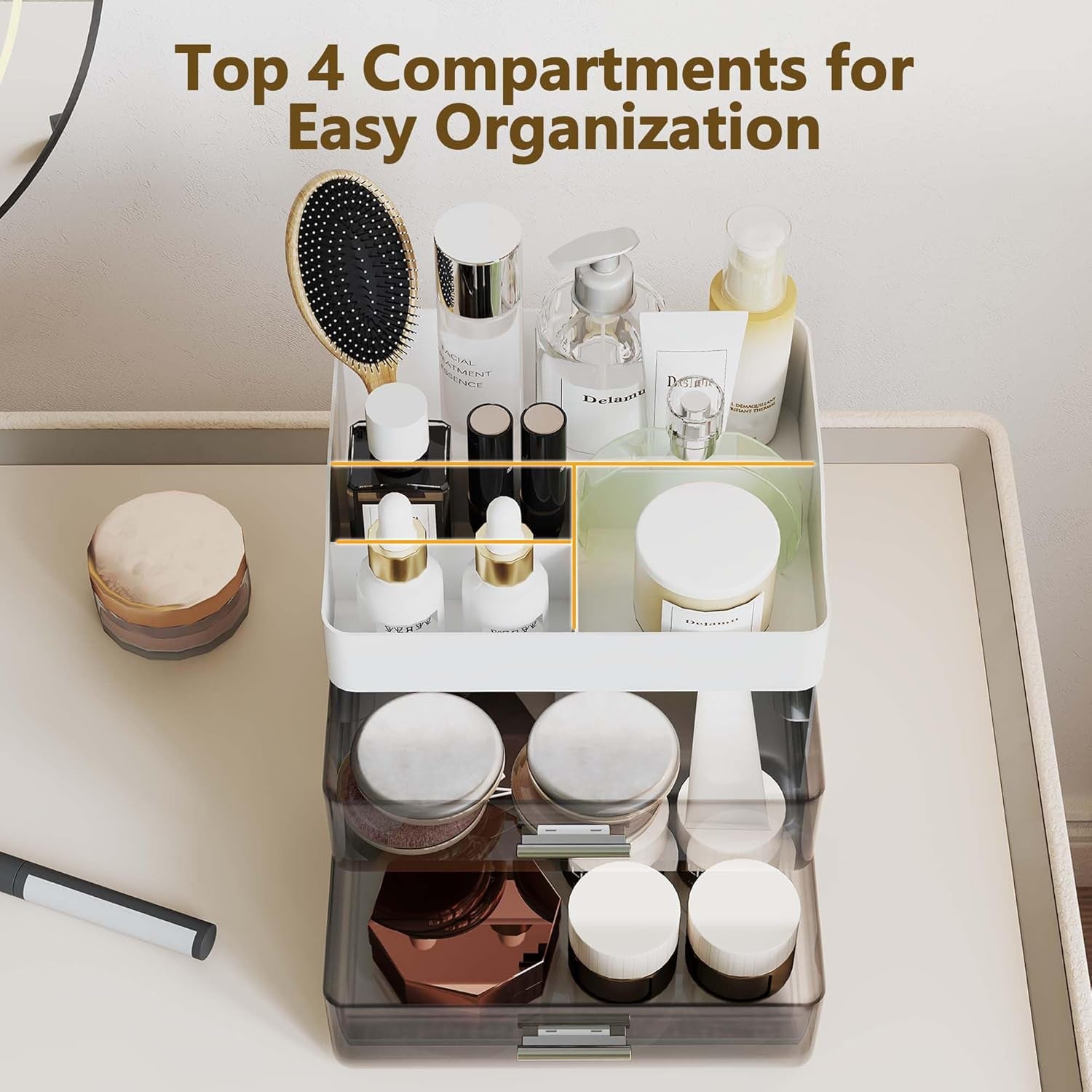 Makeup Organizer Countertop, 3-Tier Large Capacity Bathroom Counter Organizer with 2 Clear Drawers for Easy Access, Ideal for Makeup, Skincare, Lipsticks, Office Supplies, Present, Etc, White
