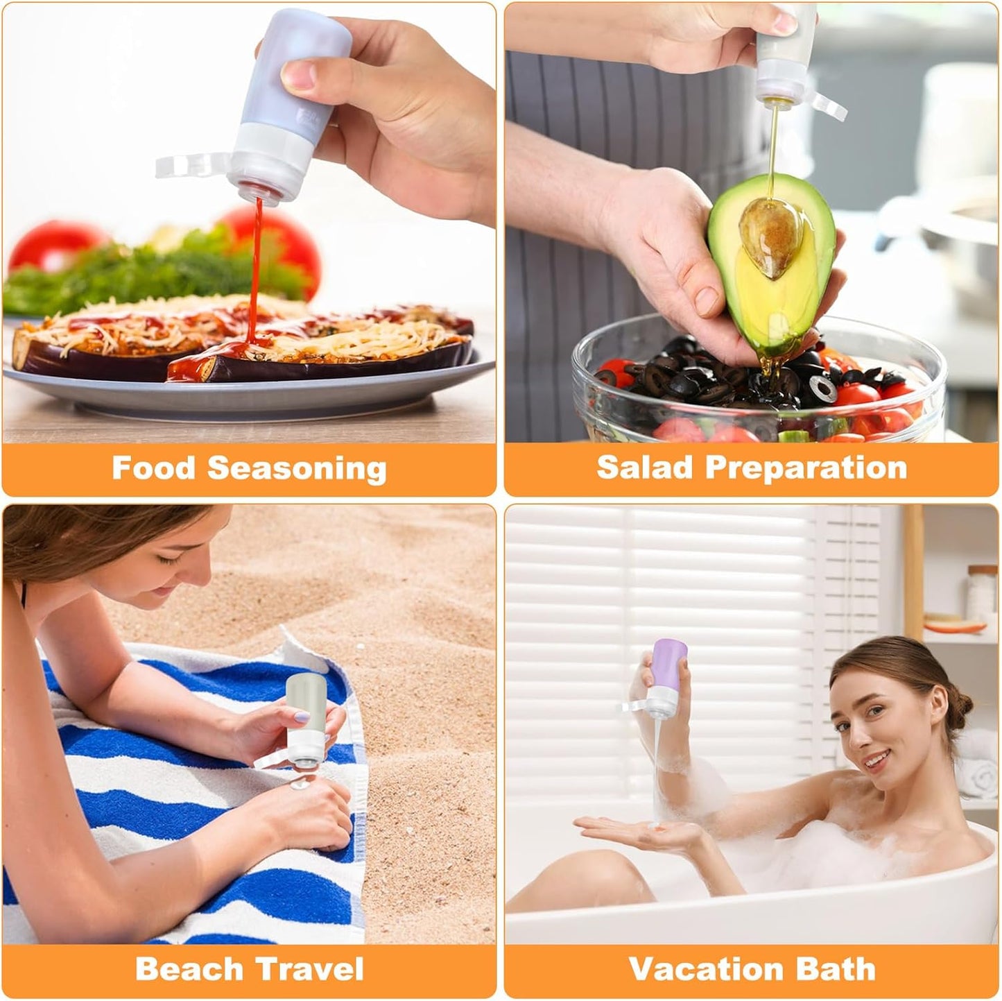 Salad Dressing Container to Go, 4 Pack Condiment Squeeze Bottles for Sauces, Mini Silicone Liquids Containers for Bento Lunch Box, Travel Bottles for Toiletries Refillable with 2 Extra Caps+Brush, 2Oz