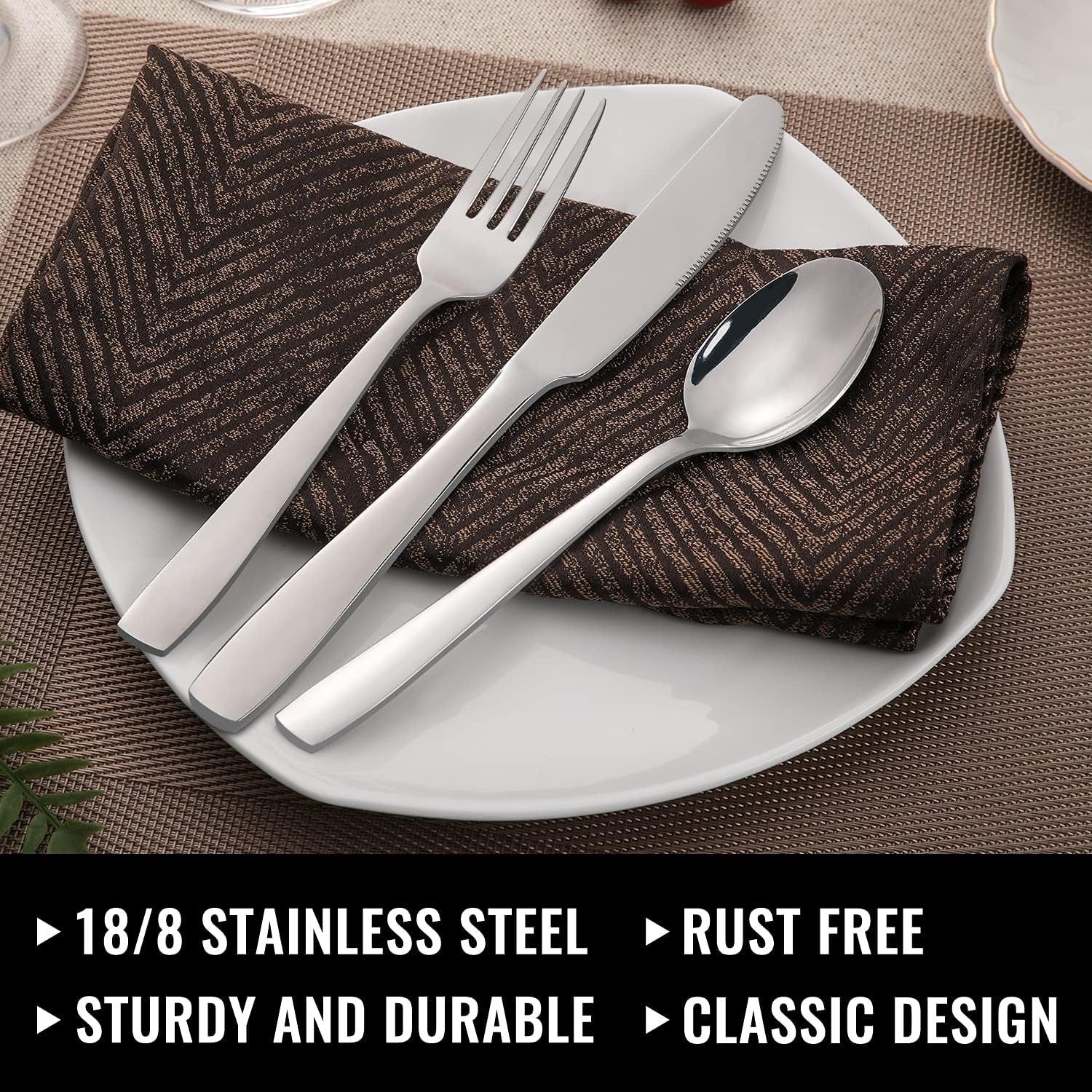 24-Piece Silverware Set with Steak Knives, Stainless Steel Flatware Cutlery, Mirror Polished Flatware Serving Utensils Set for 4, Includes Forks Spoons Knives Silverware, Dishwasher Safe