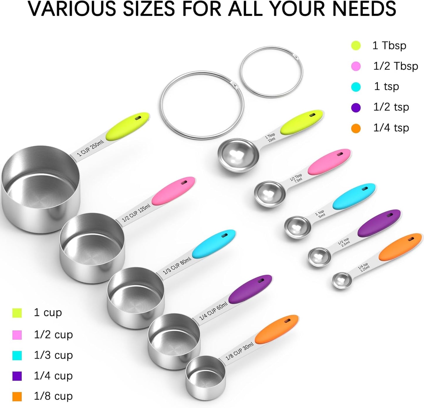 Measuring Cups and Spoons Set, Stainless Steel, Kitchen Utensils for Cooking and Baking (10, Colorful)