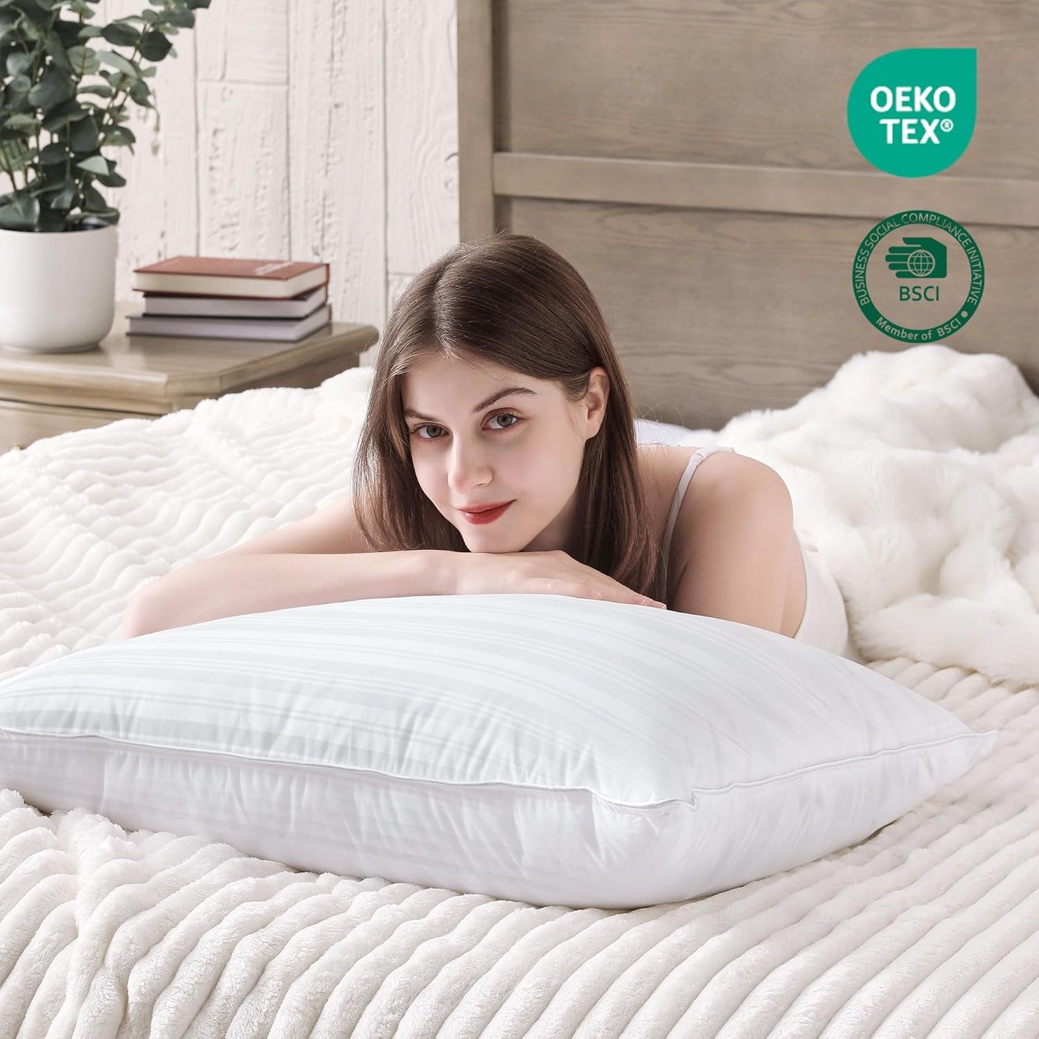 ® Goose Feather down Pillows, Luxury Hotel Collection Bed Pillows for Sleeping Set of 2, 100% Cotton Cover with Silver Stripe, Standard Size
