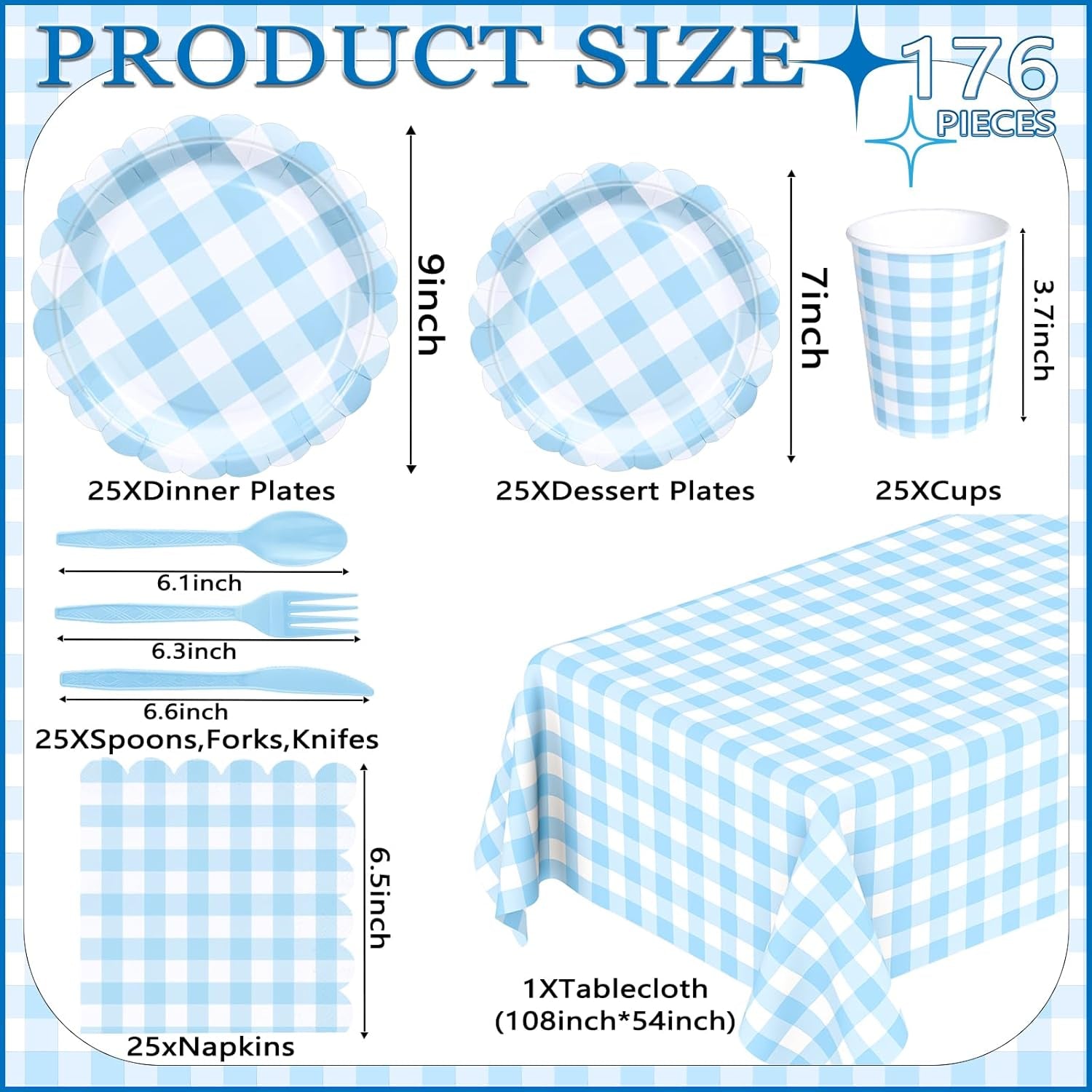 176 PCS Light Blue Gingham Plates and Napkins, Blue Checkered Disposable Plates Set with Napkins Cups Plastic Spoons Forks Knives for Dinner Birthday Baby Shower Wedding Supplies Serve 25 Guests