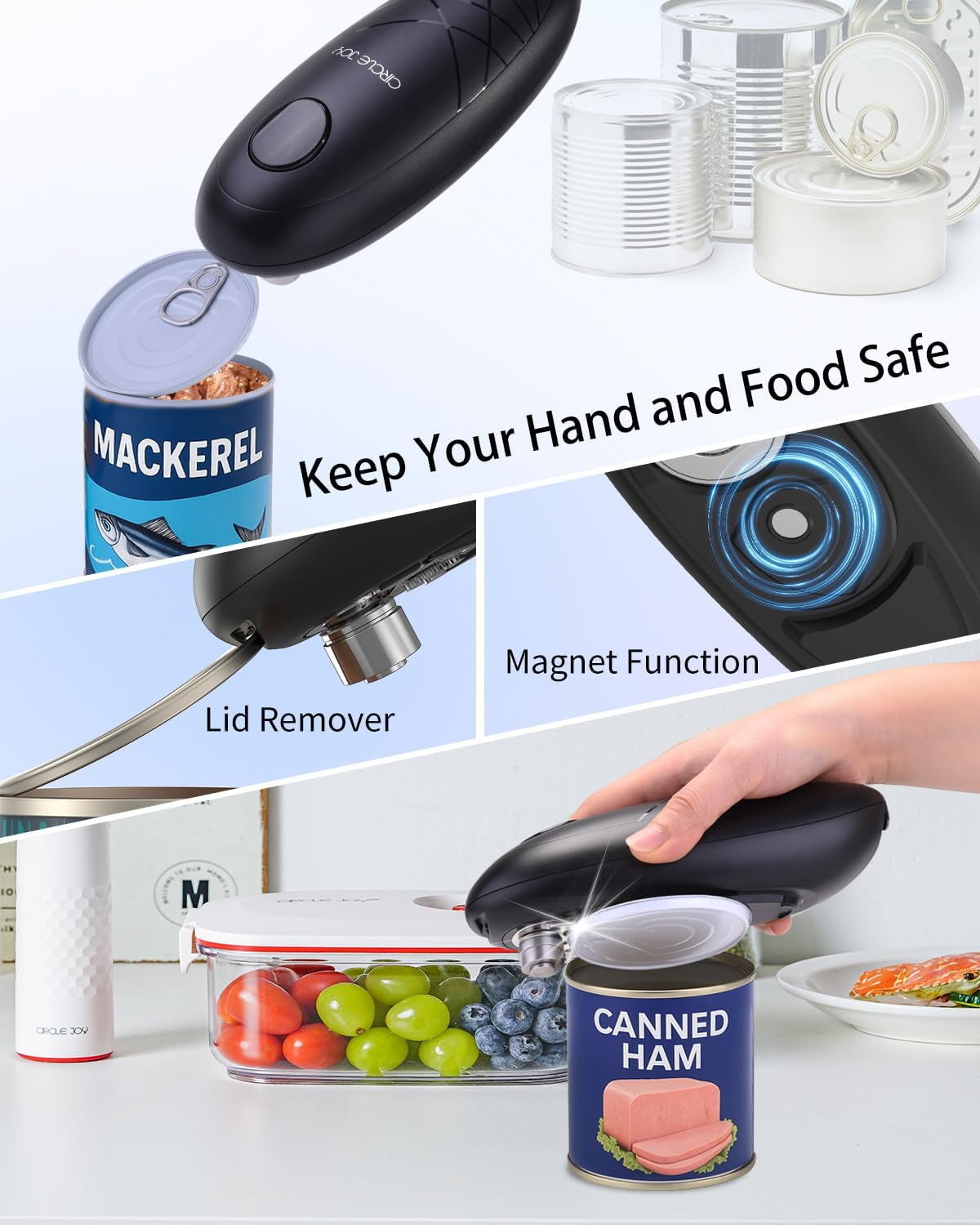 Electric Can Opener, One-Touch Automatic Can Opening with Smooth Edges, Food Safety Handheld Battery-Operated Can Opener for Kitchen and Seniors, Black