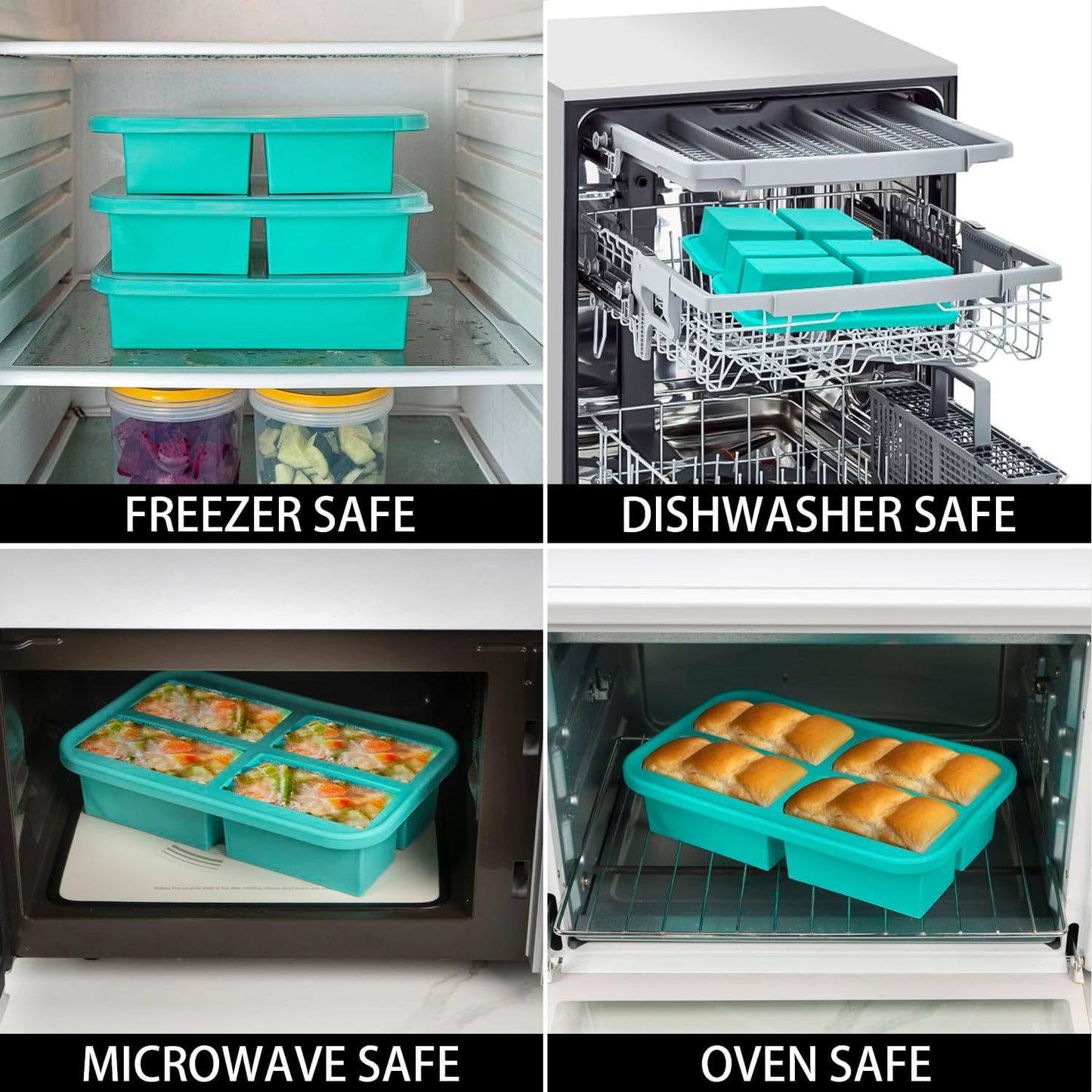 Silicone Freezer Trays with Lid, 3 Pack of 1 Cup 2 Cup 6 Cup, Airtight Large Silicone Ice Cube Tray Mold for Soup Cube Food Storage Meal Prep, Steel Reinforced Rim, Oven Dishwasher Safe, Aqua
