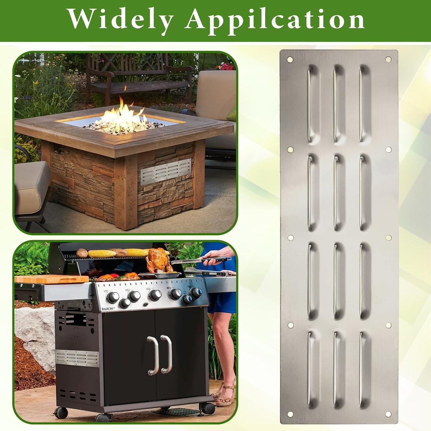 Stainless Steel Venting Panel Set for Grills - Rectangle Vent Covers for Masonry Fire Pits and Outdoor Kitchens, 15 x 4.5 Inches (3 Pack)