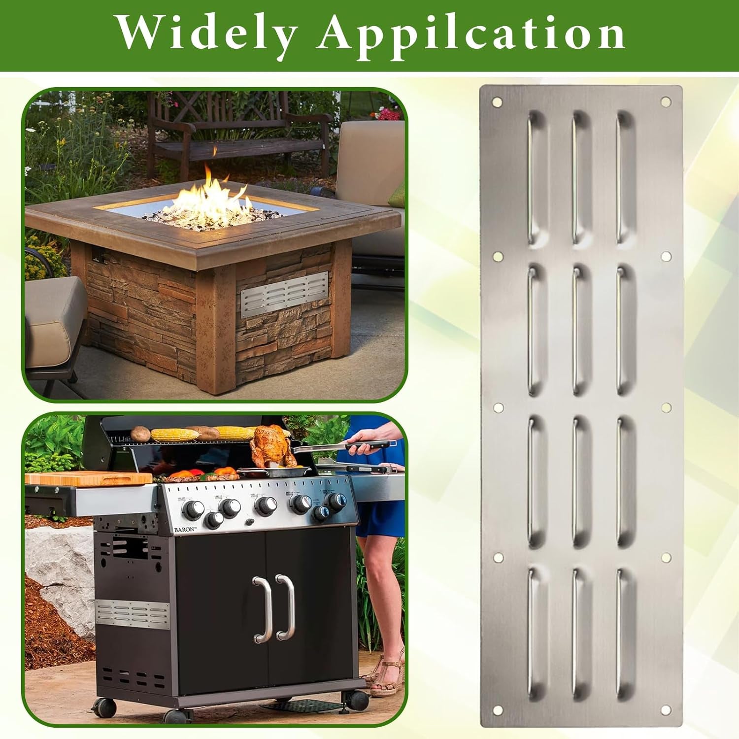 Stainless Steel Venting Panel Set for Grills - Rectangle Vent Covers for Masonry Fire Pits and Outdoor Kitchens, 15 x 4.5 Inches (3 Pack)