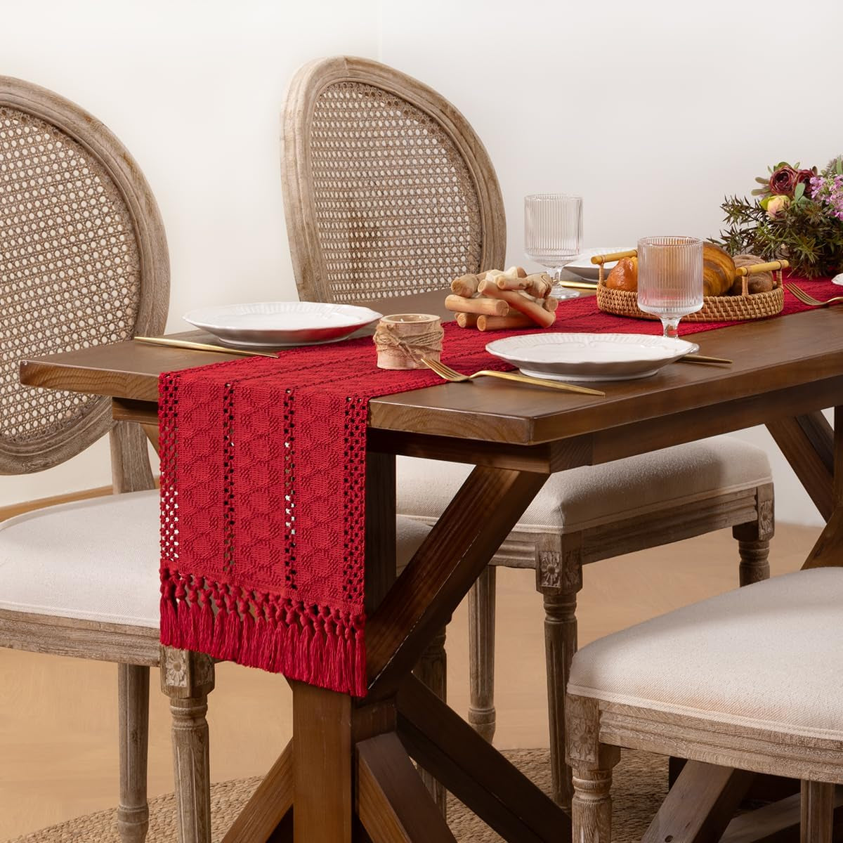 Boho Macrame Table Runner Fall Farmhouse Woven Small Table Runner with Tassels 36 Inches Red Cotton Linen Kitchen Table Centerpiece for Dining Dresser Home Tea Table Decor