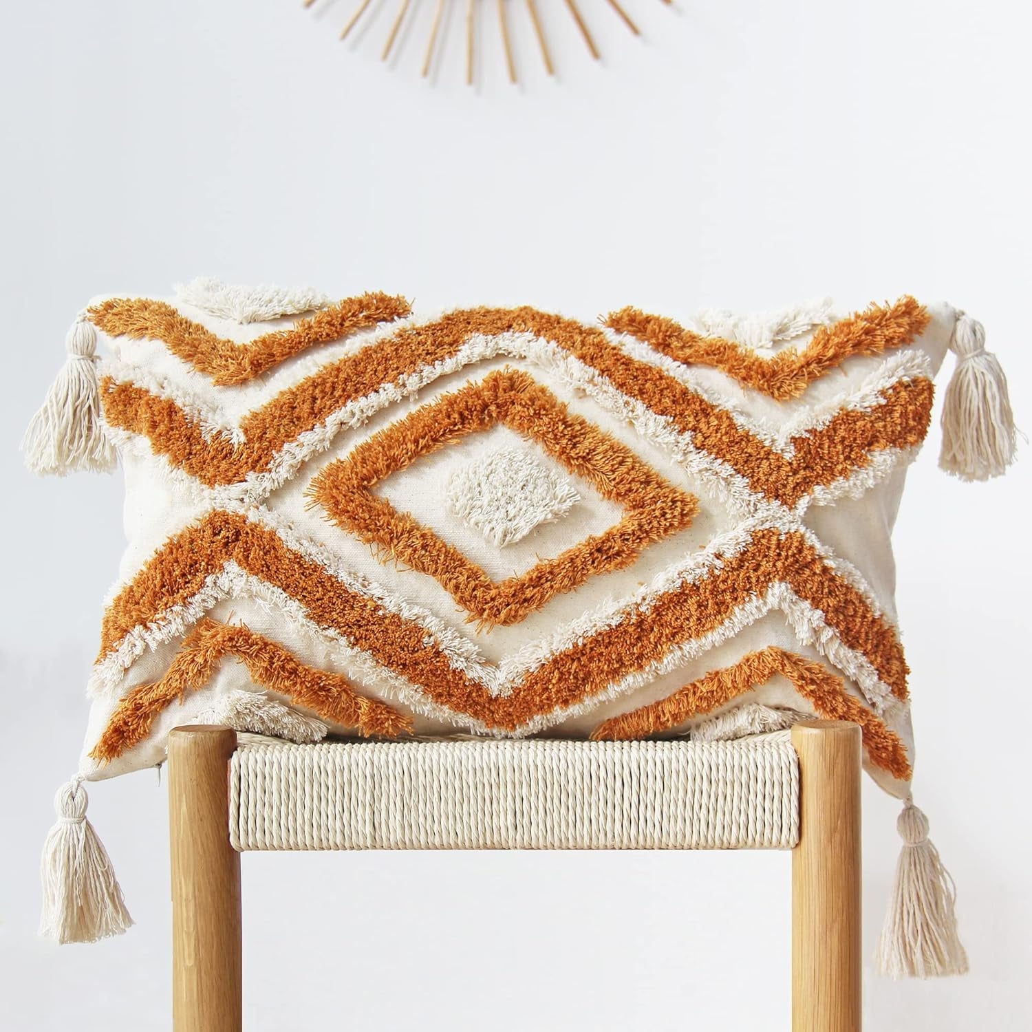 Boho Lumbar Throw Pillow Covers with Handmade Tassels Decorative Woven Tufted Orange Pillowcase for Couch Bedroom 12 X 20 Inch Orange B