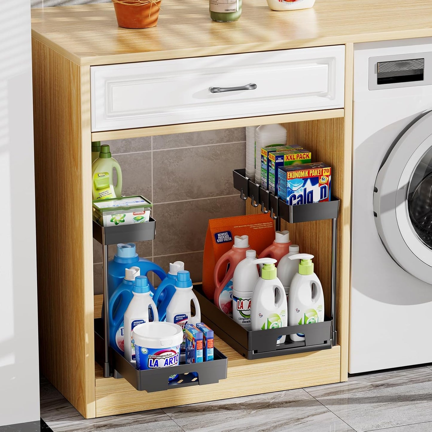 2 Pack under Sink Organizers and Storage, 2 Tier Pull Out Bathroom Cabinet Organizer, L-Shape Black under Bathroom Kitchen Sink Organizer with Drawer for under Sink Storage Organizer