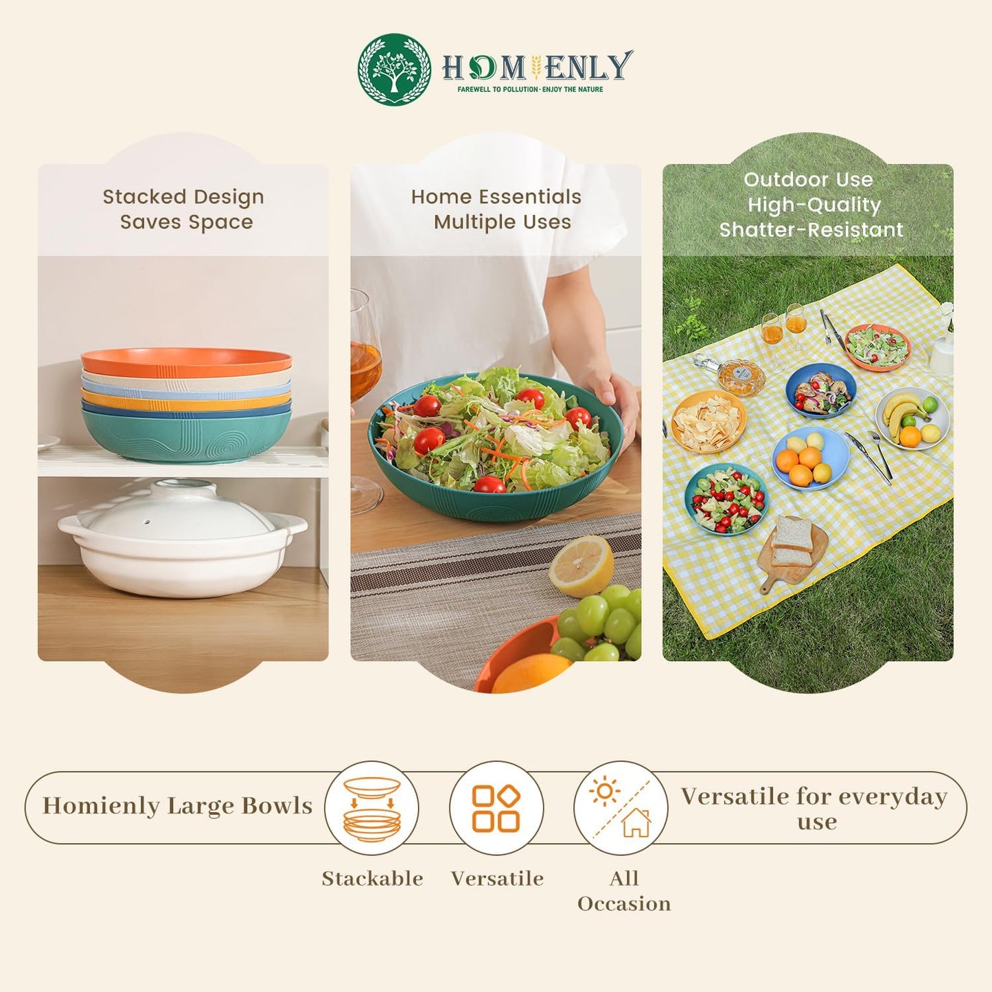 Wheat Straw 10-Inch Large Salad Bowls - Set of 6, Wide and Shallow, Microwave and Dishwasher Safe, Assorted Colors