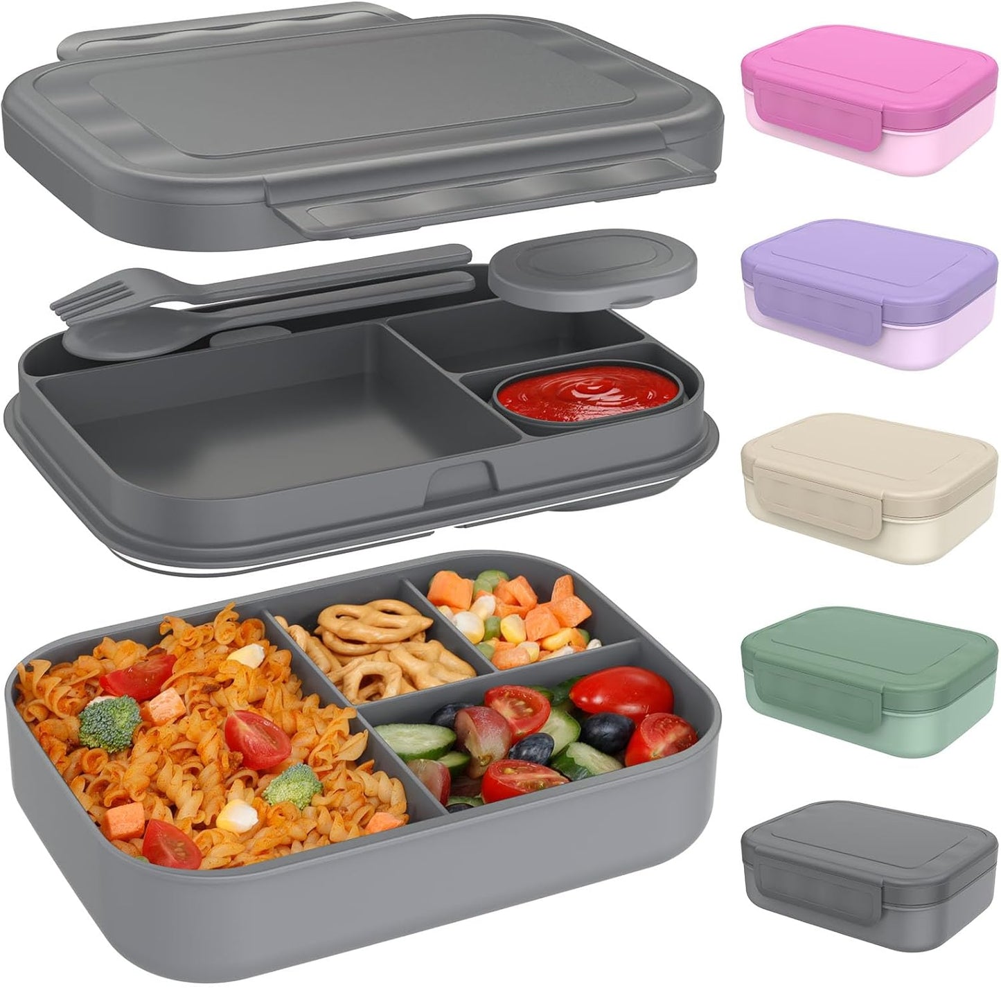 Stackable Bento Lunch Box for Adults and Teens - Durable Leak-Proof 4-Compartment Container with Utensils and Sauce Container, BPA-Free, Dishwasher and Microwave Safe, 47 Oz (Dark Gray)
