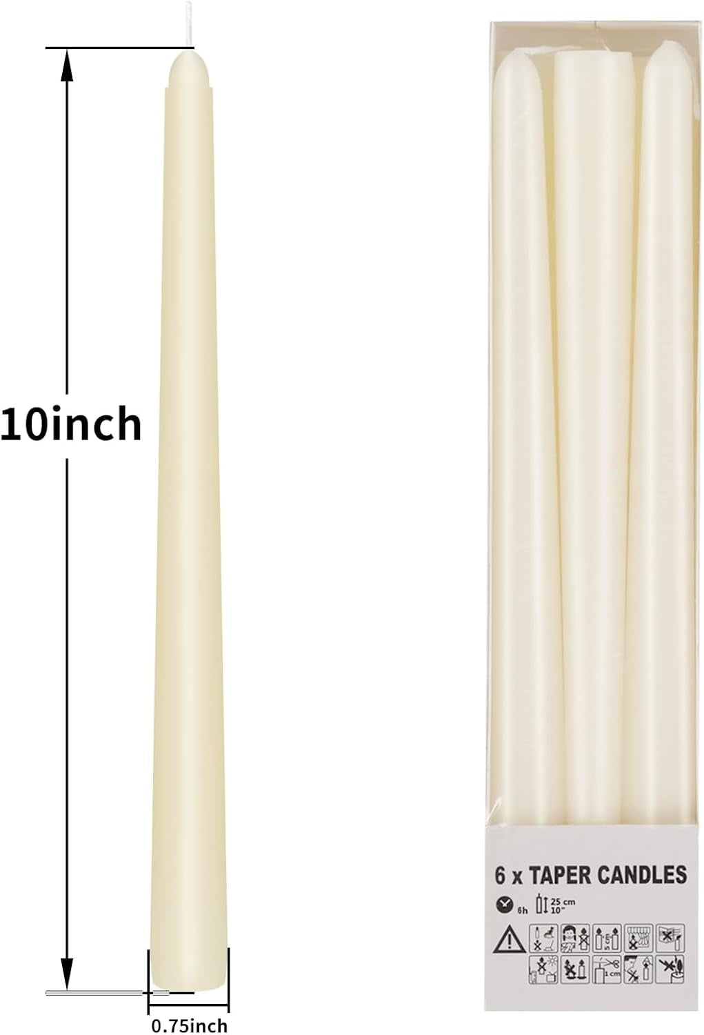Ivory Taper Candles 10 Inch - Set of 6 Long Candles, 8 Hours Long Burning, Smokeless & Unscented & Dripless, for Weddings, Birthdays, Dinner Parties, Rituals, Prayer, Birthdays, Meditation
