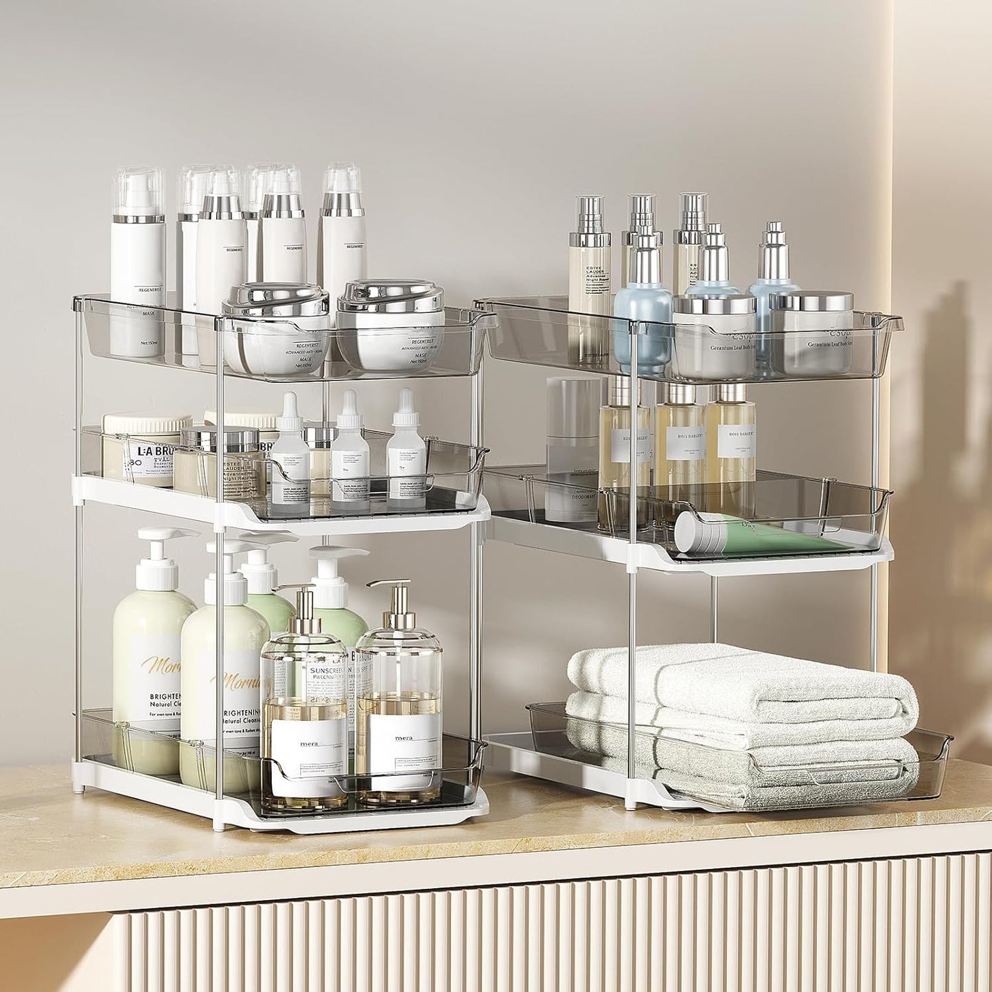 2 Sets of 3-Tier Bathroom under Sink Organizers and Storage, Multi-Purpose Stackable Pantry Organization and Storage, Grey
