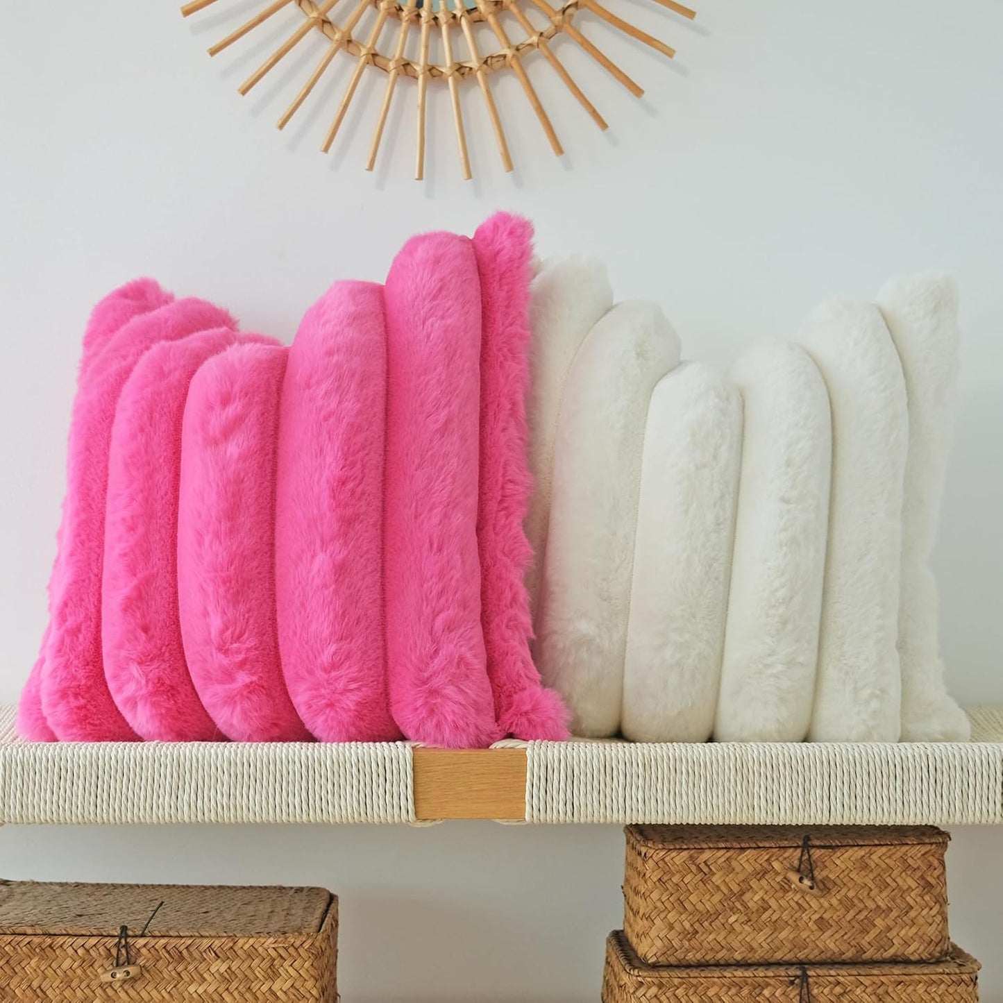 Pack of 2 Faux Fur Plush Decorative Throw Pillow Covers Couch Cushion Case Soft Fluffy Pillowcases Wide Stripe (Hot Pink, 16 X 16 Inch)