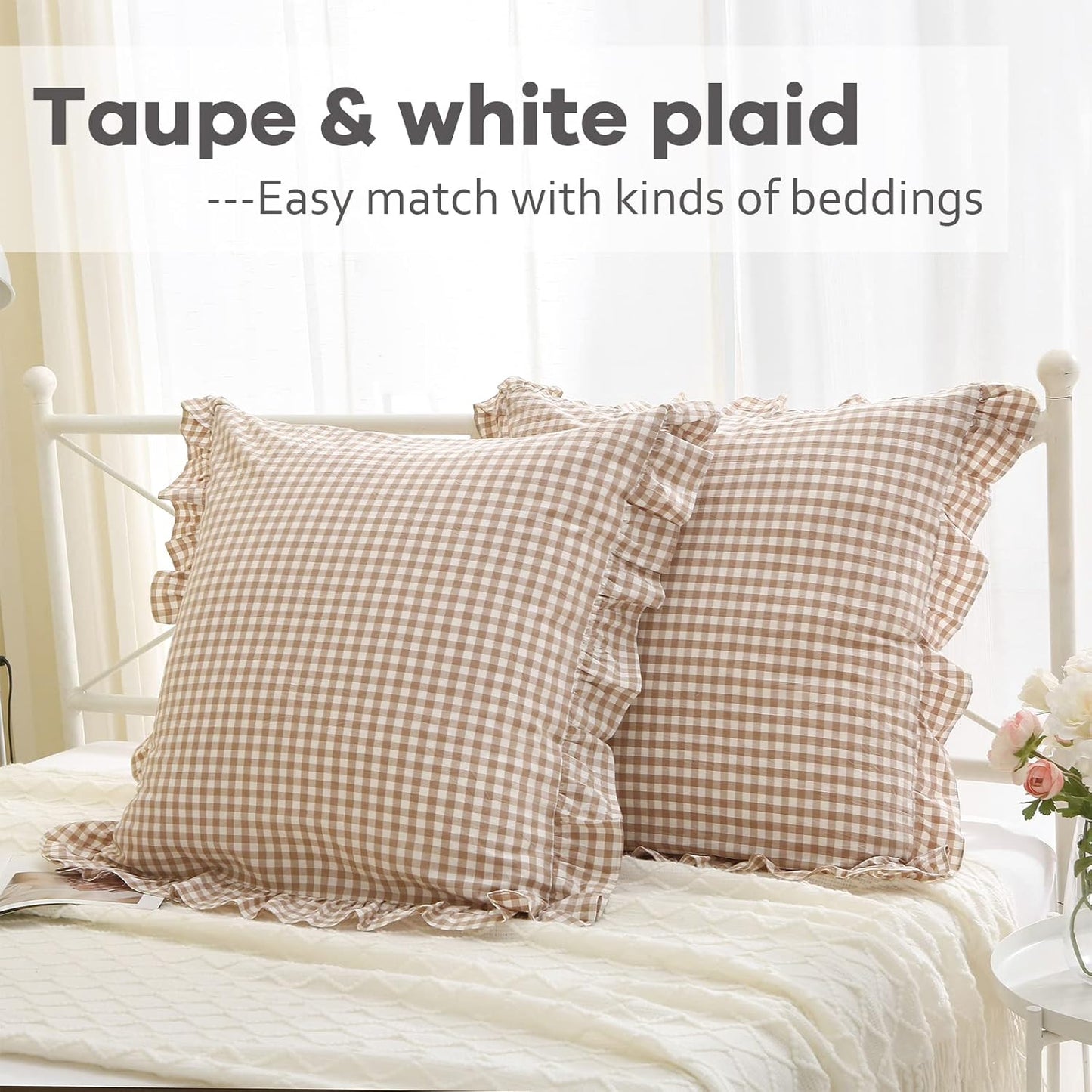Set of 2 Taupe and White Plaid Ruffle Square Euro Pillow Shams - 100% Washed Cotton Gingham in Camel Brown for Fall Decor - 26'' x 26