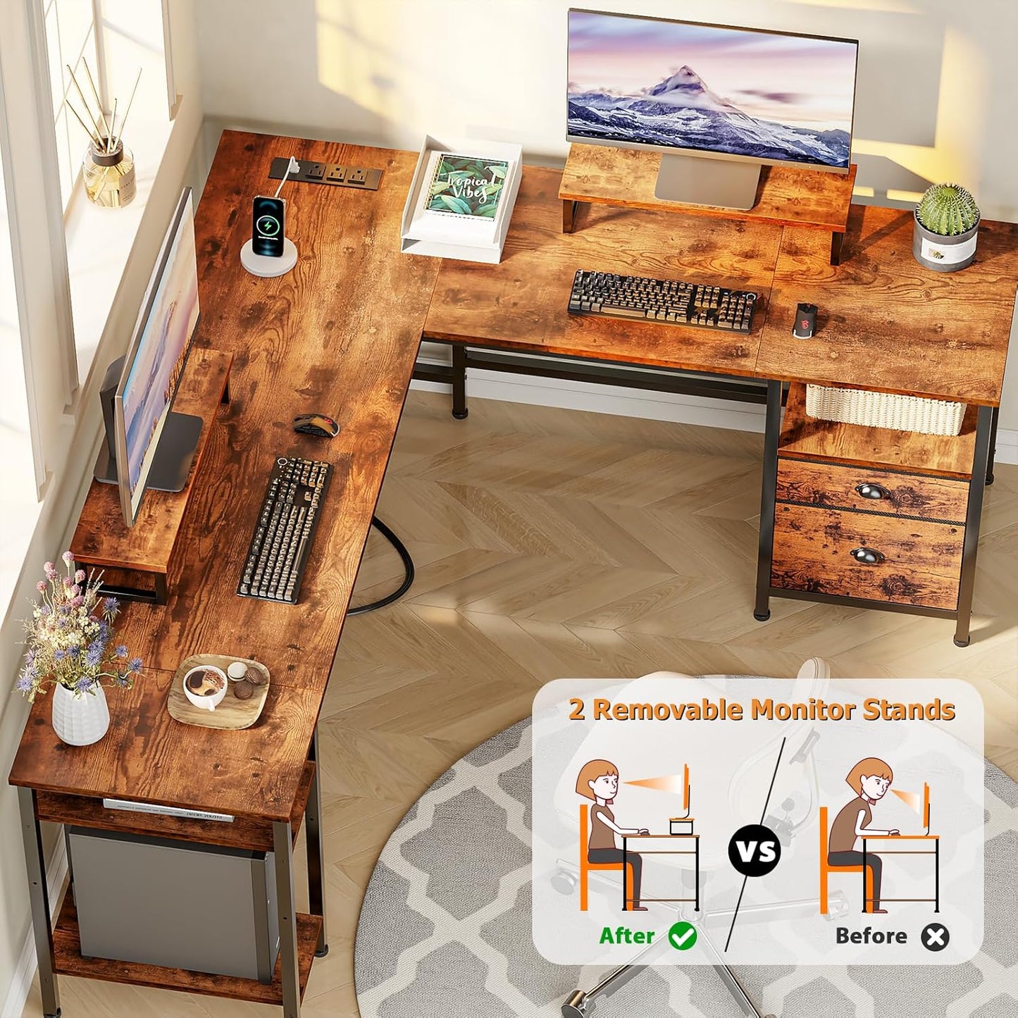 66” L Shaped Desk with Power Outlet, Reversible Computer Gaming Desk with File Drawer & 2 Monitor Stands for Home Office with Storage Shelves, Rustic Brown