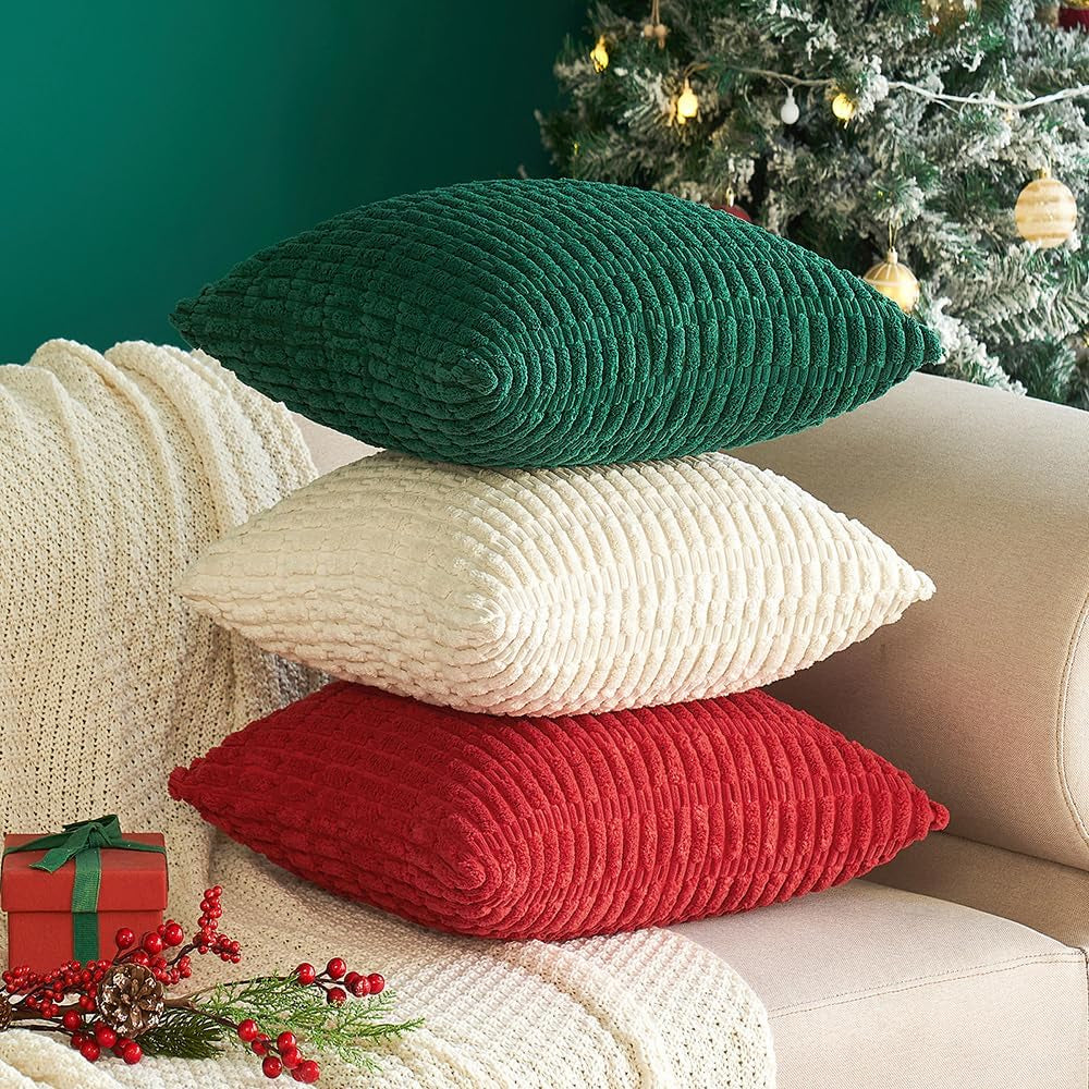 Pack of 2 Christmas Red Corduroy Decorative Pillow Covers 18X18 Inch Soft Boho Striped Throw Pillow Covers Modern Farmhouse Home Decor for Sofa Living Room Couch Bed