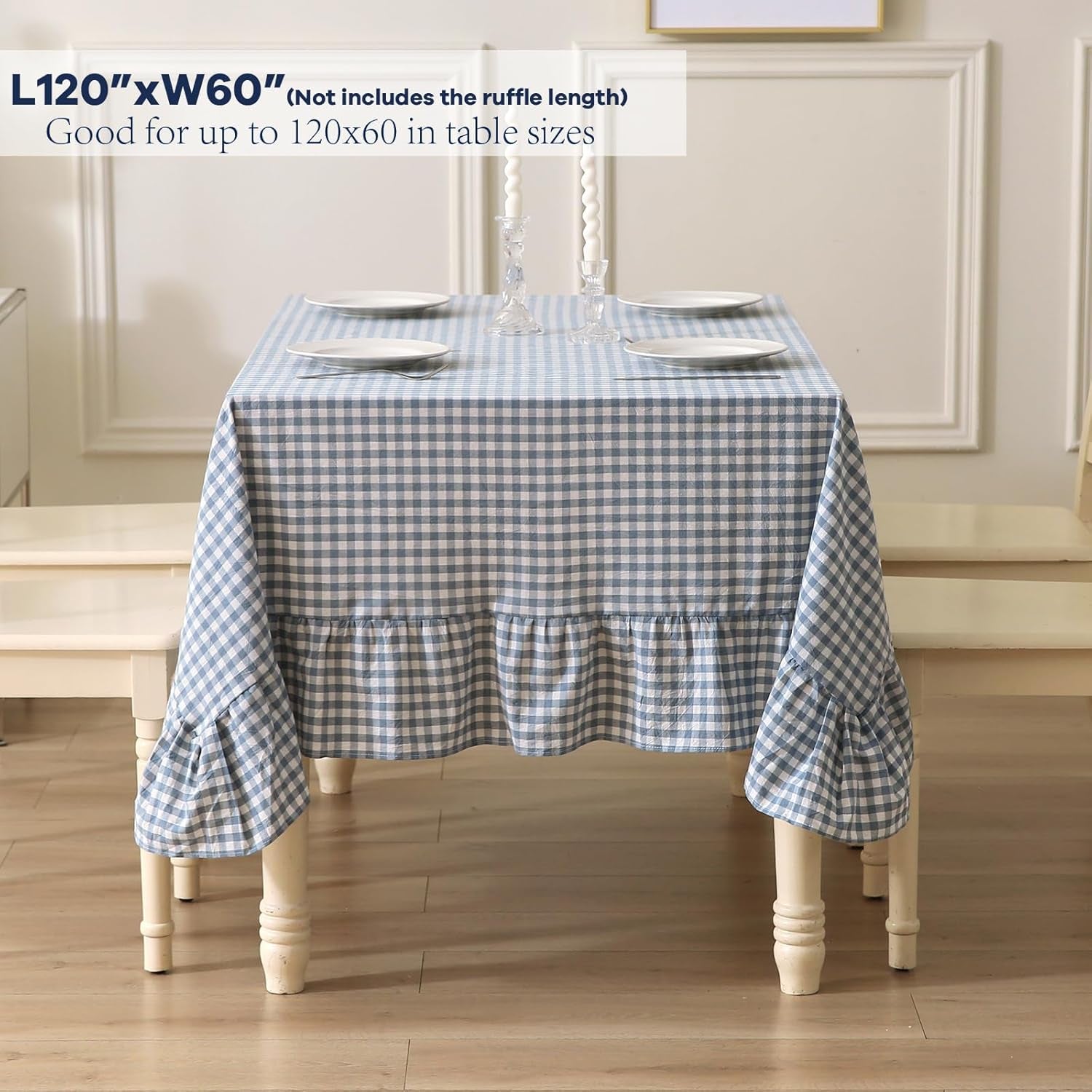 Dust Blue and White Plaid Cotton Ruffled Rectangular Tablecloth, 120 x 60 Inches, Vintage Cottage Style