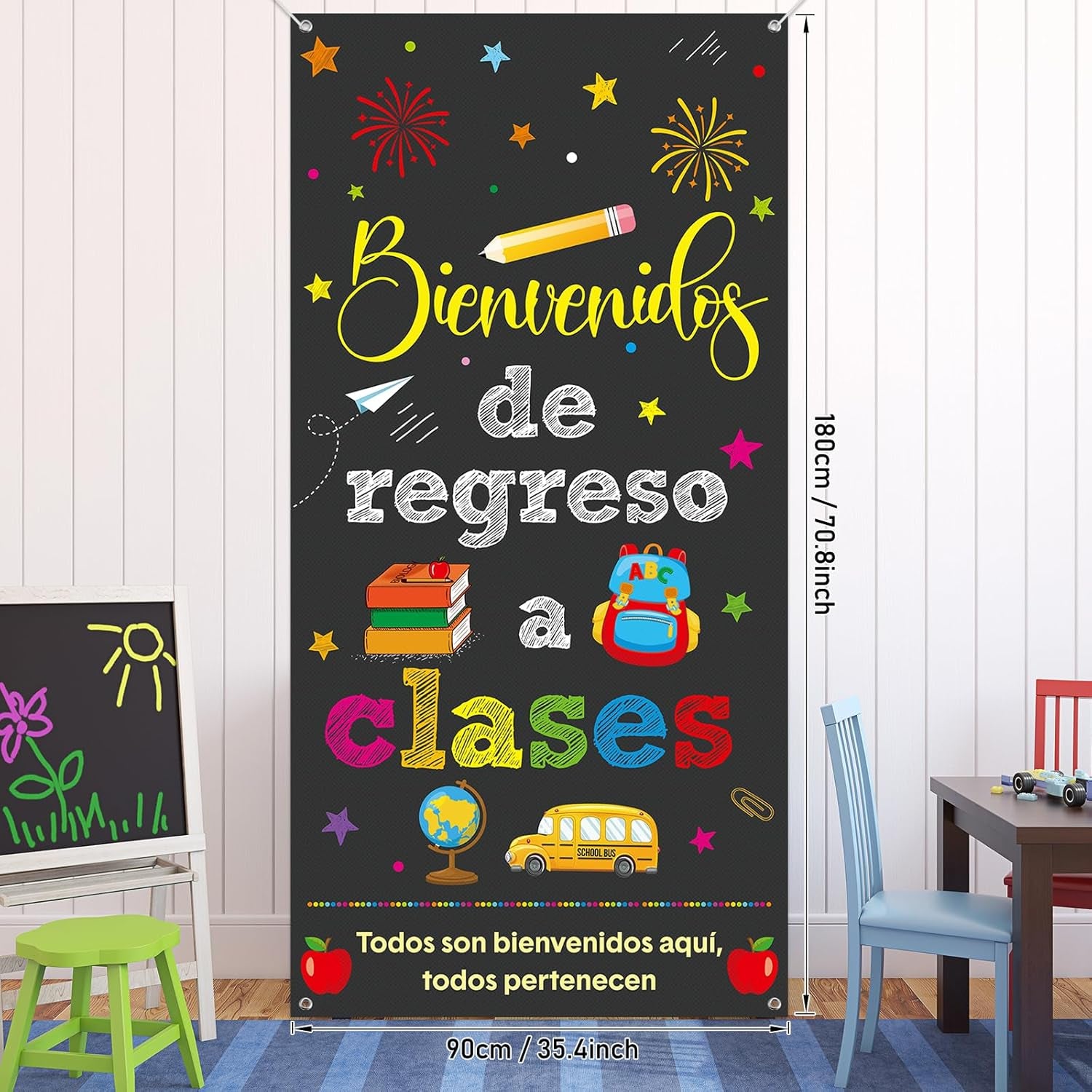 Bienvenidos De Regreso a Clases Banner Spanish Welcome Back to School Banner Door Cover Polyester Hanging Banner Backdrop Porch Sign for First Day of School Classroom Decorations, 70.8 X 35.4Inch