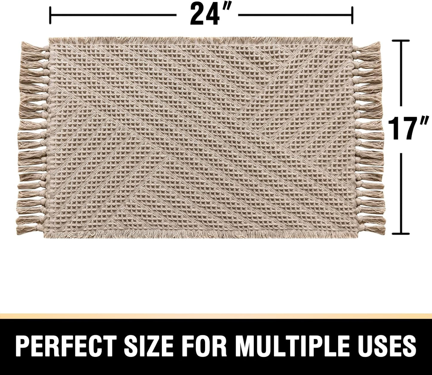 Waffle Bath Mat Super Absorbent Boho Bath Mat Non Slip Bath Rugs for Bathroom Floor Machine Washable Dry Fast Bathroom Rugs with Handmade Tassels, 17" X 24", Irish Cream