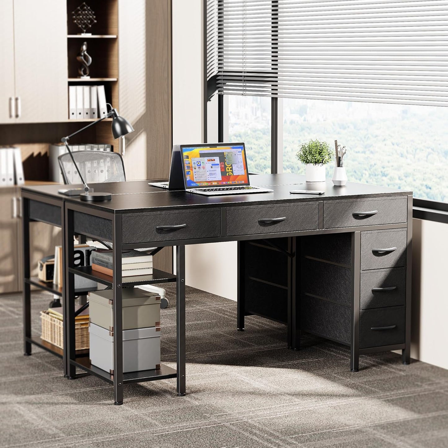 47-Inch Computer Desk with 6 Drawers and Shelves, Versatile Reversible Gaming and Corner Desk with Storage for Home Office, Study, and Living Room, Black