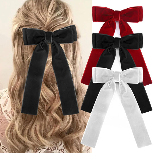 Velvet Hair Bows for Women Girls,3 PCS Black Red White Velvet Ribbon Bow Hair Clips with Long Tail,Hair Bows Barrettes for Thick Thin Hair,Nonslip Hair Accessories Christmas Birthday Gifts