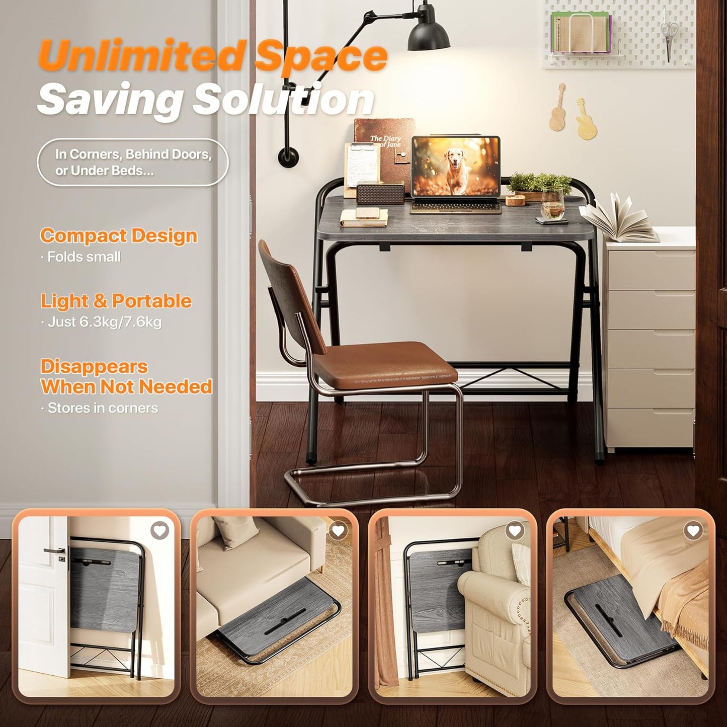 Folding Desk with Adjustable Height and Tablet Slot, 24-Inch Compact Computer Desk for Small Spaces, Space-Saving Writing Table for Home Office, Bedroom, and Study, Grey