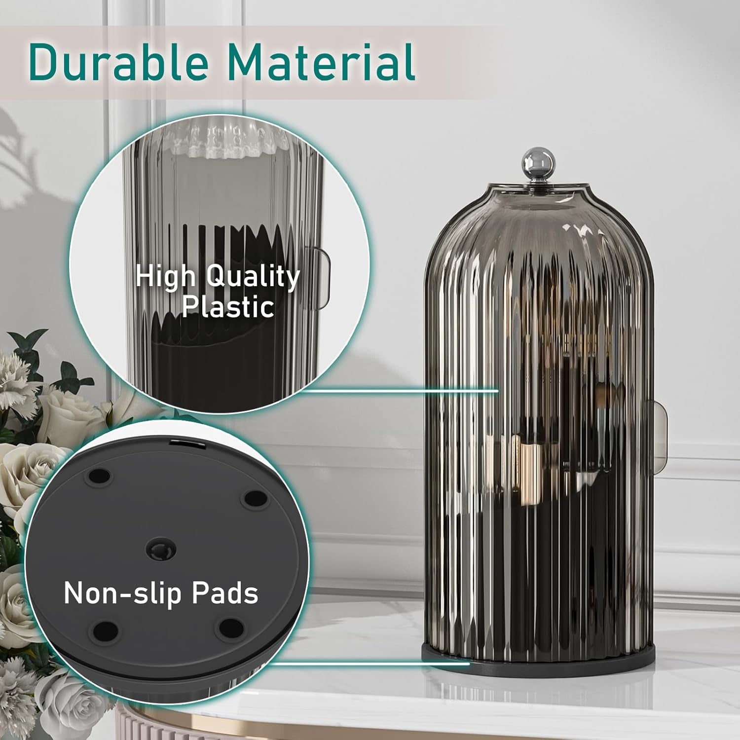 Makeup Brush Holder with Lid Cosmetic Tools Organizer 360 Rotating Waterproof Dustproof Beauty Brushes Storage for Vanity, Black-Grey