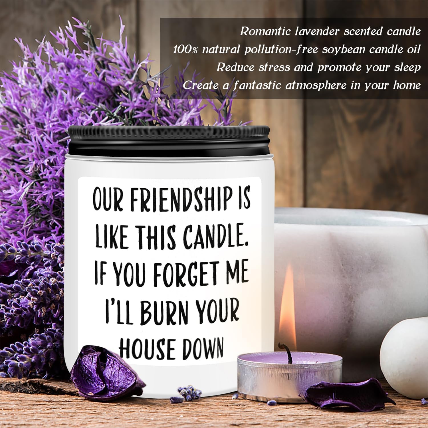 Friends Birthday Christmas Gifts for Women, Friend Funny Scented Soy Candles Gift, Our Friendship White Candle Premium Lavender Scent
